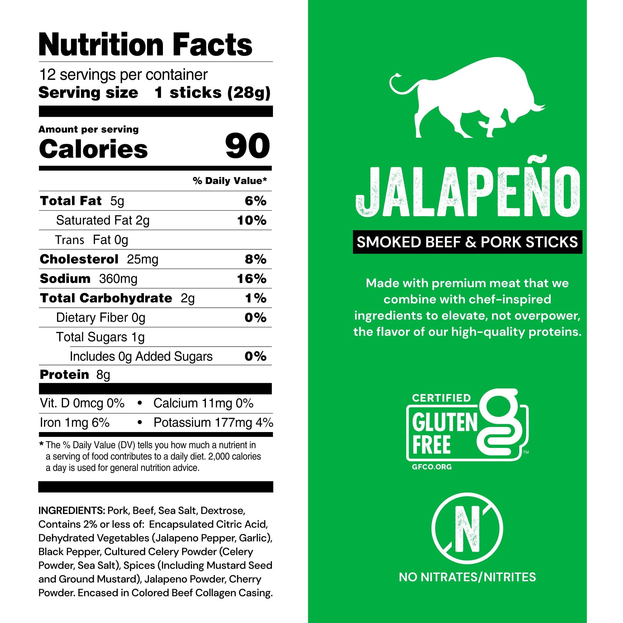 Chef's Cut Smoked Beef And Pork Jerky Snack Sticks, Jalapeo, High Protein Meat Snack, Individually Wrapped, 8G Protein, 90 Calories, Gluten Free - 1Oz (12Ct Pouch)