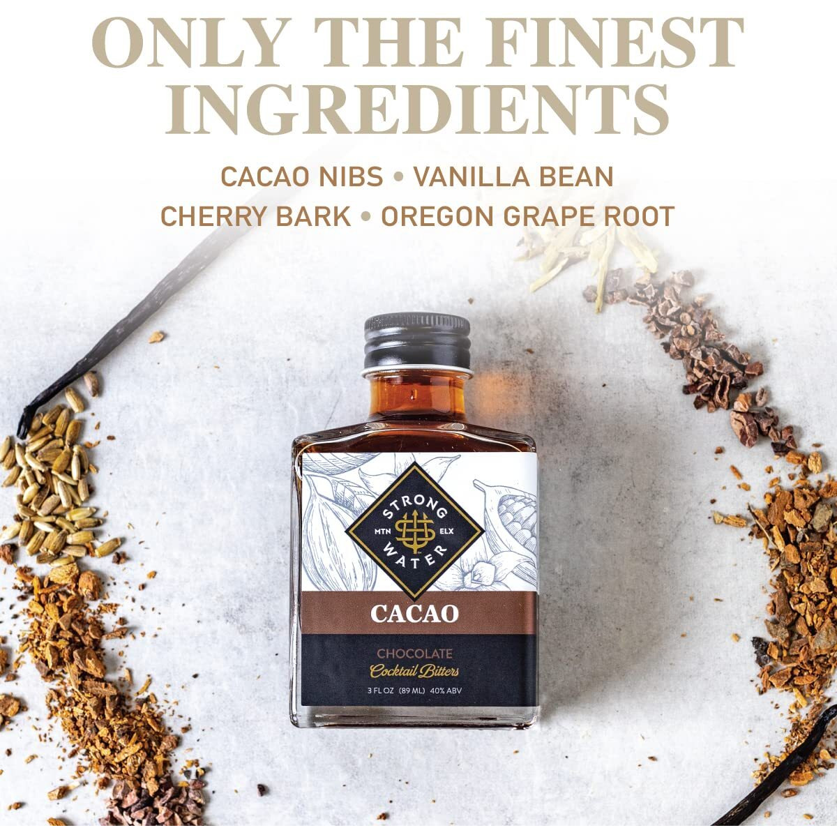 Strongwater Cacao Bitters (40 Servings) - Chocolate Bitters For Cocktails, Made With Roasted Cacao Nibs, Cherry Bark, Vanilla, & Almond - Pair With Bourbon, Vodka, Champagne, Coffee - 3Oz, 1 Pack