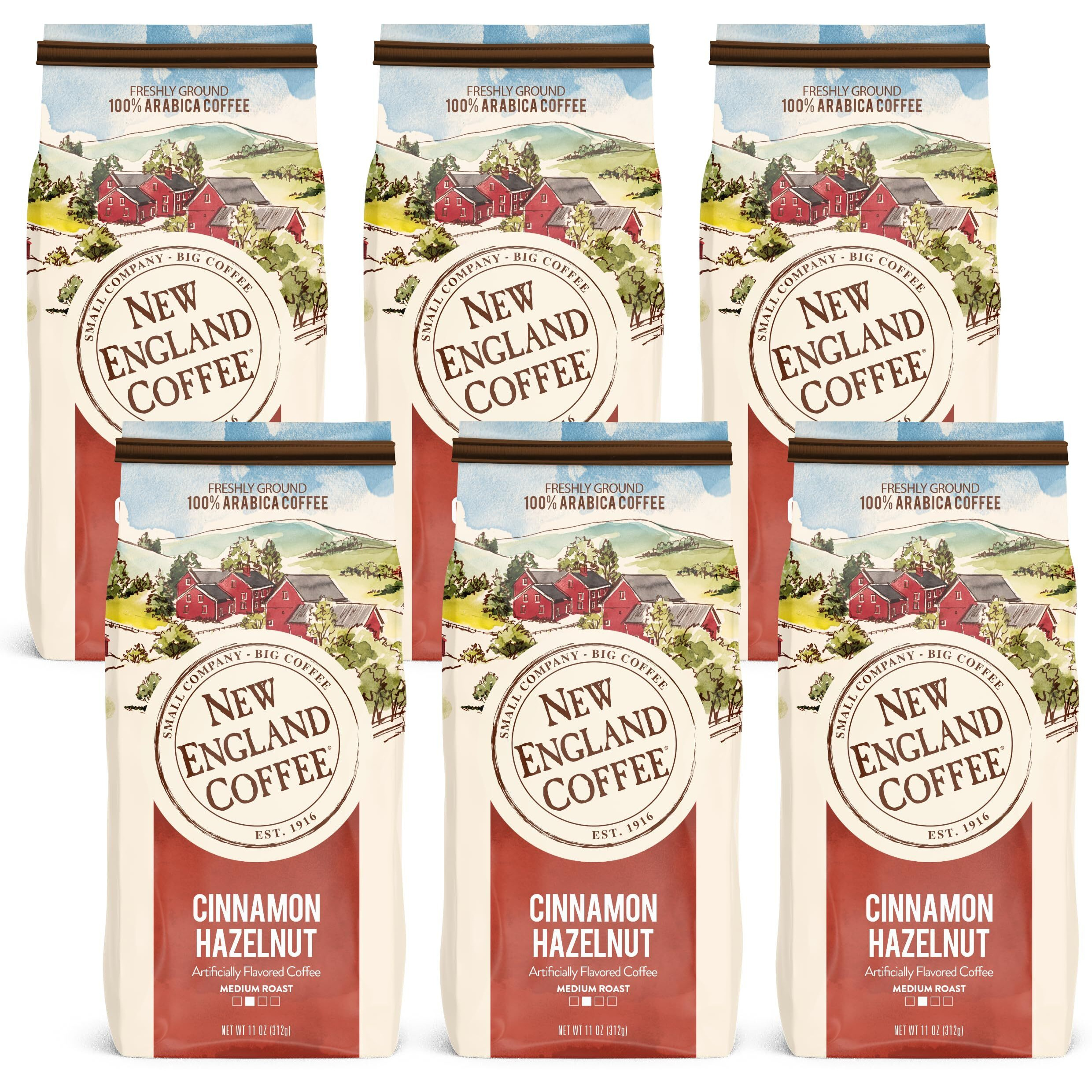 New England Coffee Cinnamon Hazelnut Medium Roast Ground Coffee, 11Oz Bag (Pack Of 6)