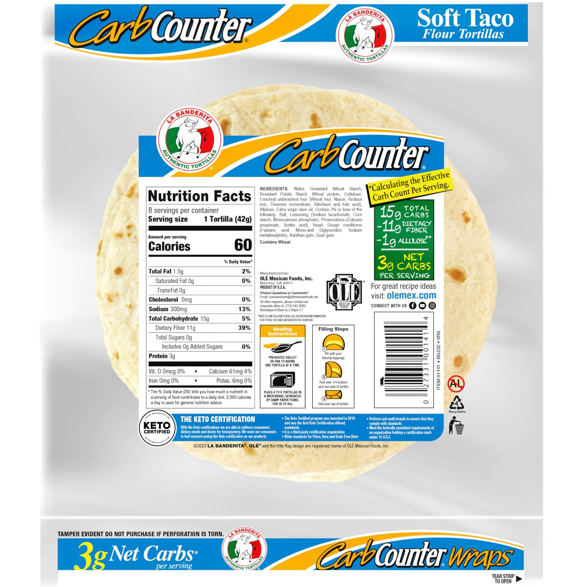 La Banderita Carb Counter White | 8"" Size Flour Tortillas |Carb Friendly |Keto Certified | 11.9 Oz.| 8 Count (Pack Of 4)