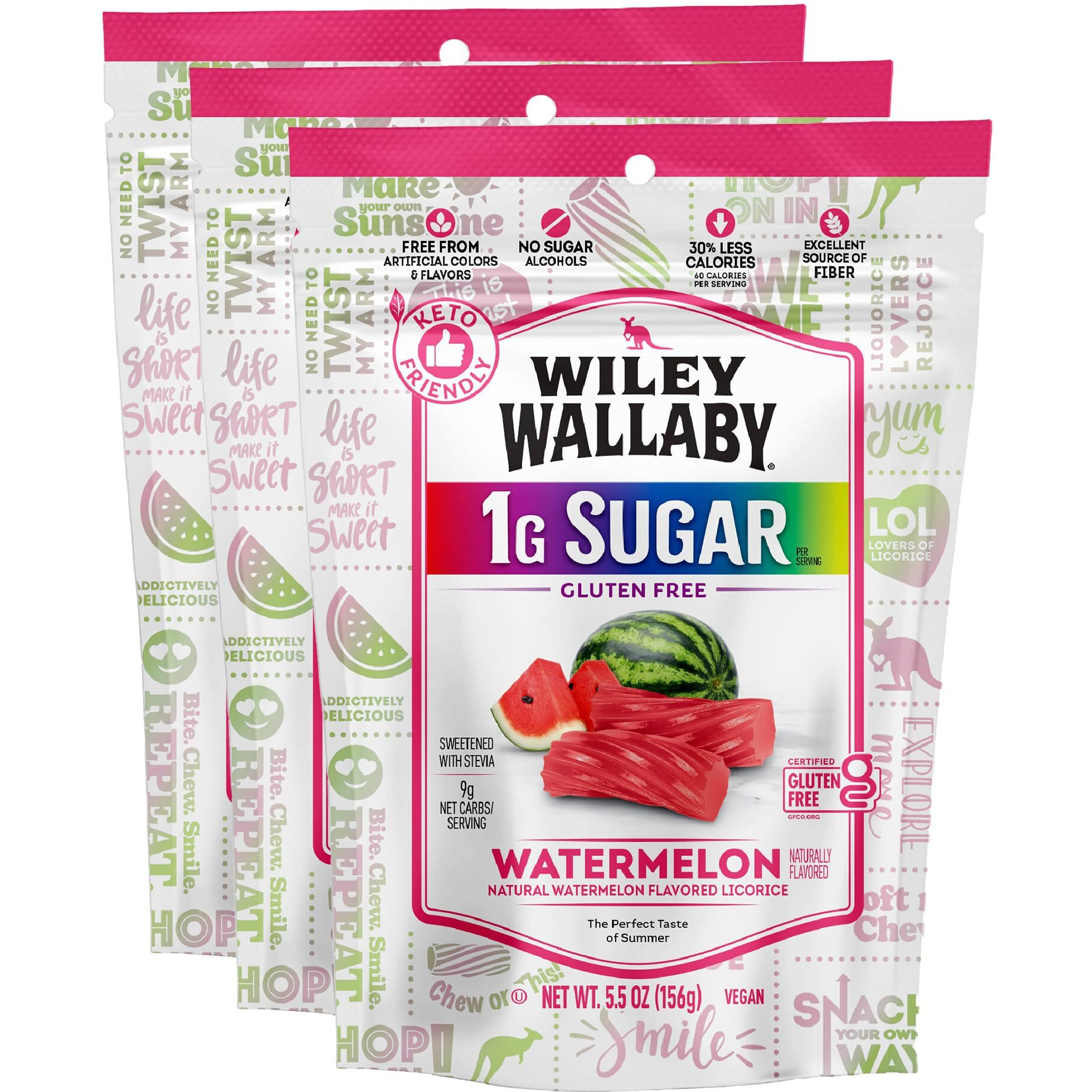 Wiley Wallaby Licorice 5.5 Ounce Watermelon Low Sugar Gluten Free Gourmet Soft & Chewy Australian Licorice Candy Twists, 3 Pack