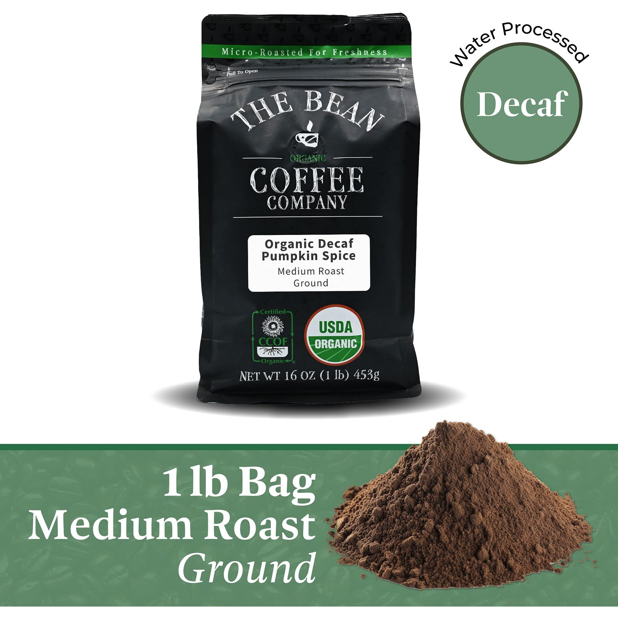 The Bean Organic Coffee Company Water Processed Decaf Pumpkin Spice, Medium Roast, Ground Coffee, 16-Ounce Bag, Caf   Molido Tostado Org  Nico Descafeinado
