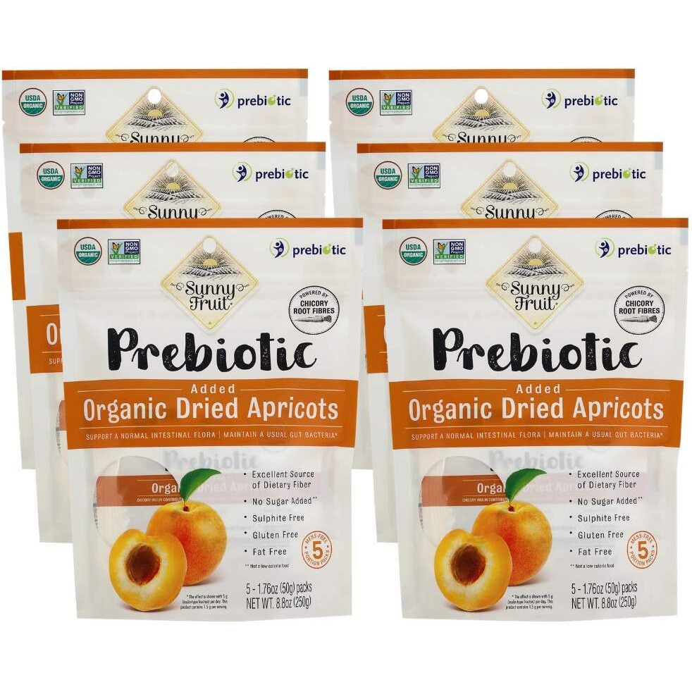 Sunny Fruit Organic Prebiotic Apricots - 6 Bags (30 Individual Portion Packs) | Convenient Snack Packs With Prebiotic Fiber | Organic, Non-Gmo, Vegan, Kosher, Halal, No Preservatives, No Sugar Added