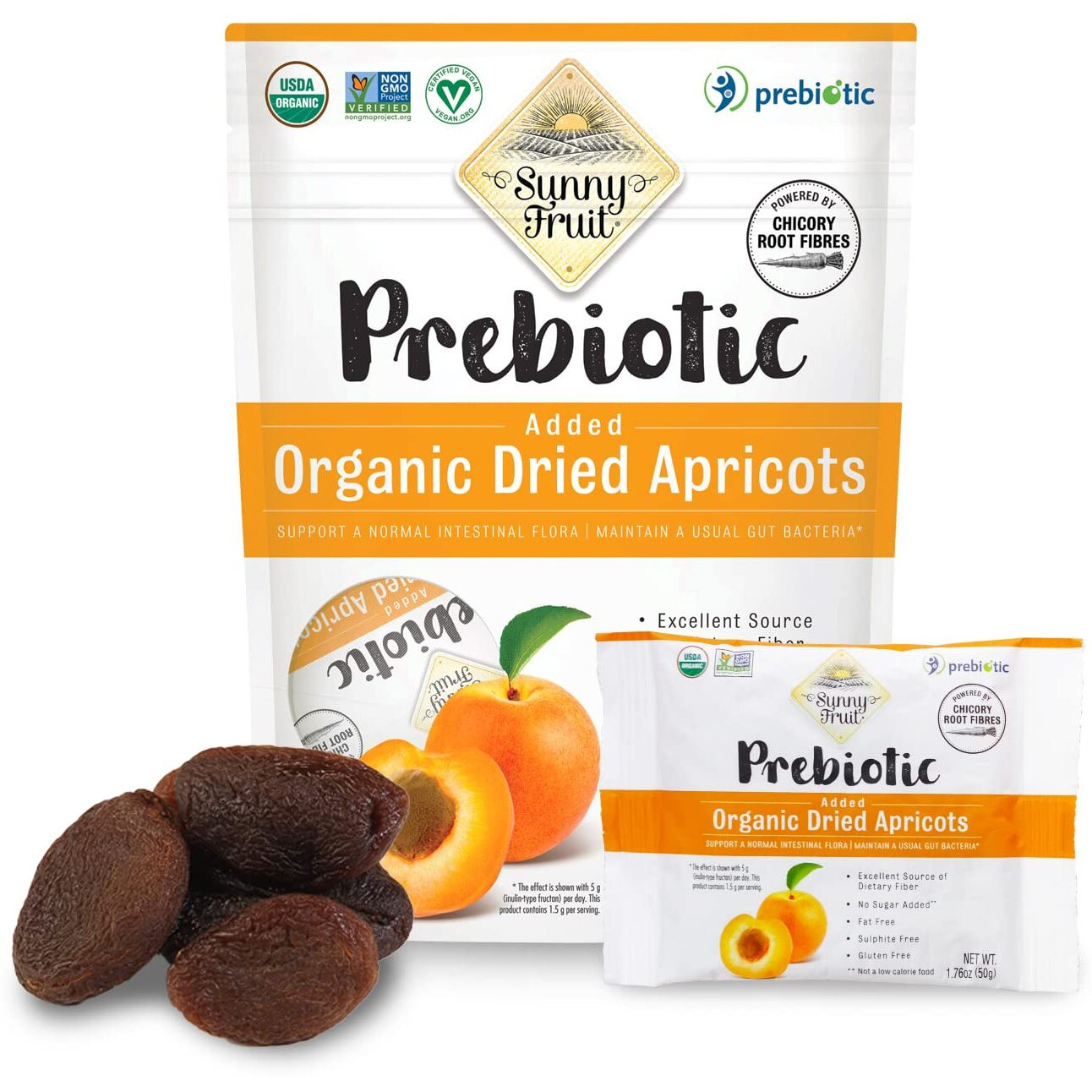 Sunny Fruit Organic Prebiotic Apricots - 6 Bags (30 Individual Portion Packs) | Convenient Snack Packs With Prebiotic Fiber | Organic, Non-Gmo, Vegan, Kosher, Halal, No Preservatives, No Sugar Added