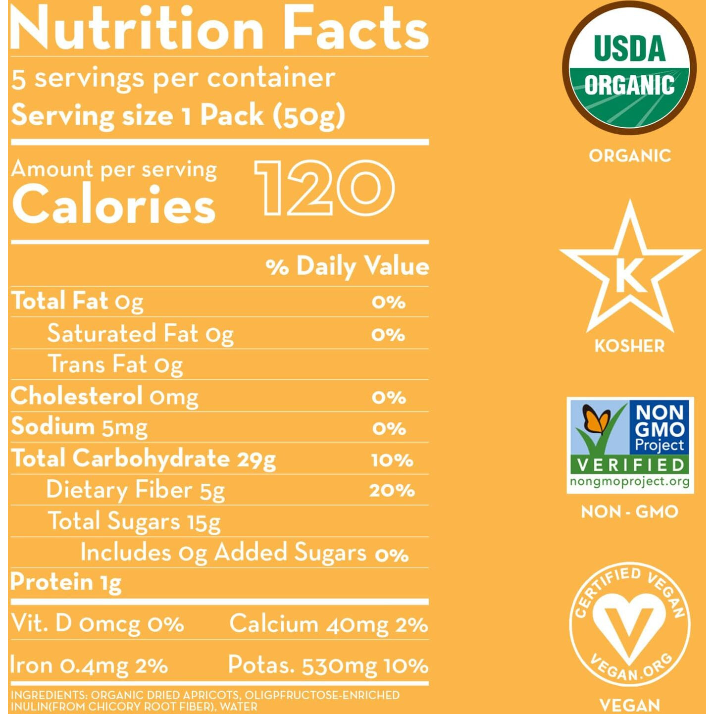 Sunny Fruit Organic Prebiotic Apricots - 6 Bags (30 Individual Portion Packs) | Convenient Snack Packs With Prebiotic Fiber | Organic, Non-Gmo, Vegan, Kosher, Halal, No Preservatives, No Sugar Added