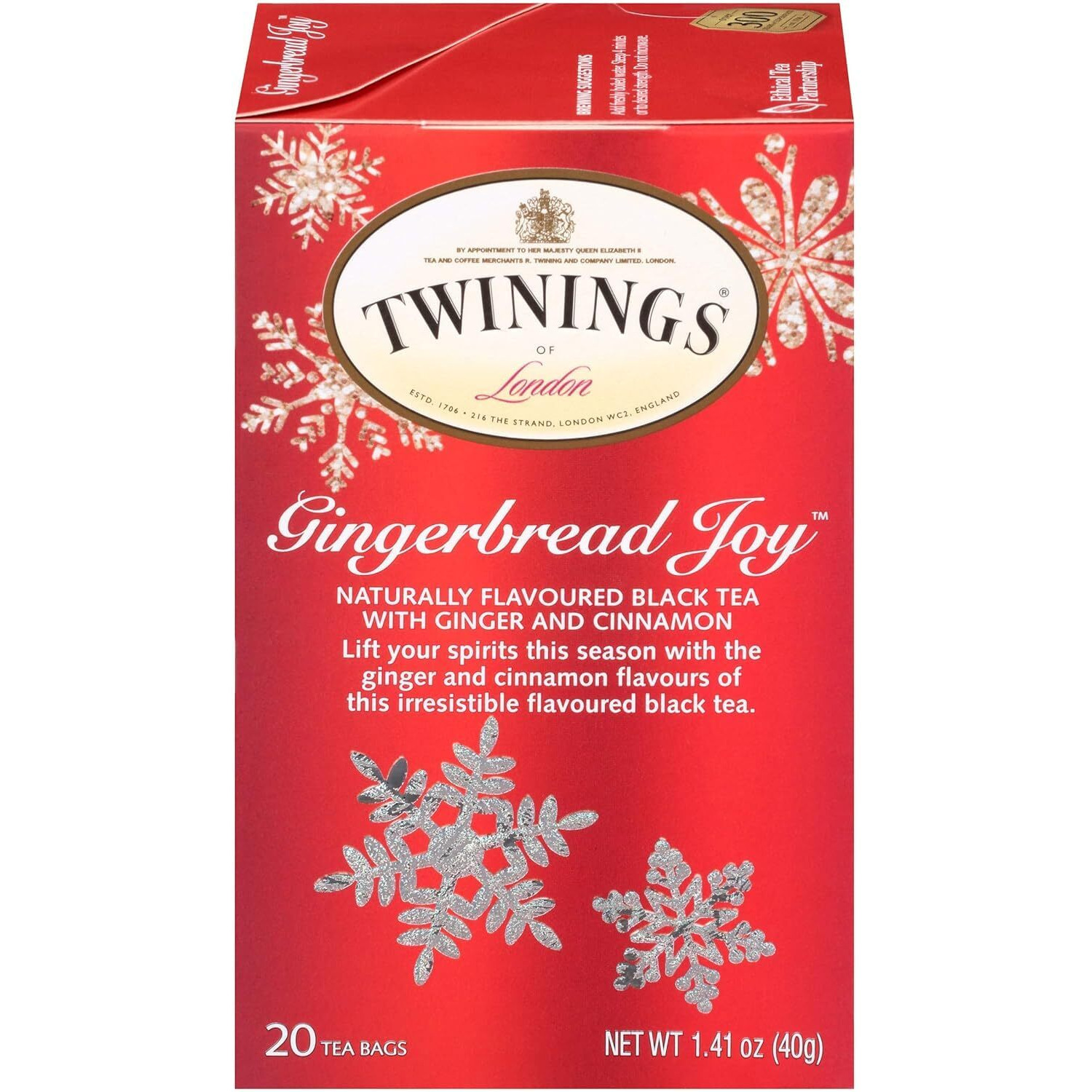 Twinings Gingerbread Joy Black Tea, 20 Count (Pack Of 6), Individually Wrapped Tea Bags, Ginger & Cinnamon, Caffeinated, Enjoy Hot Or Iced