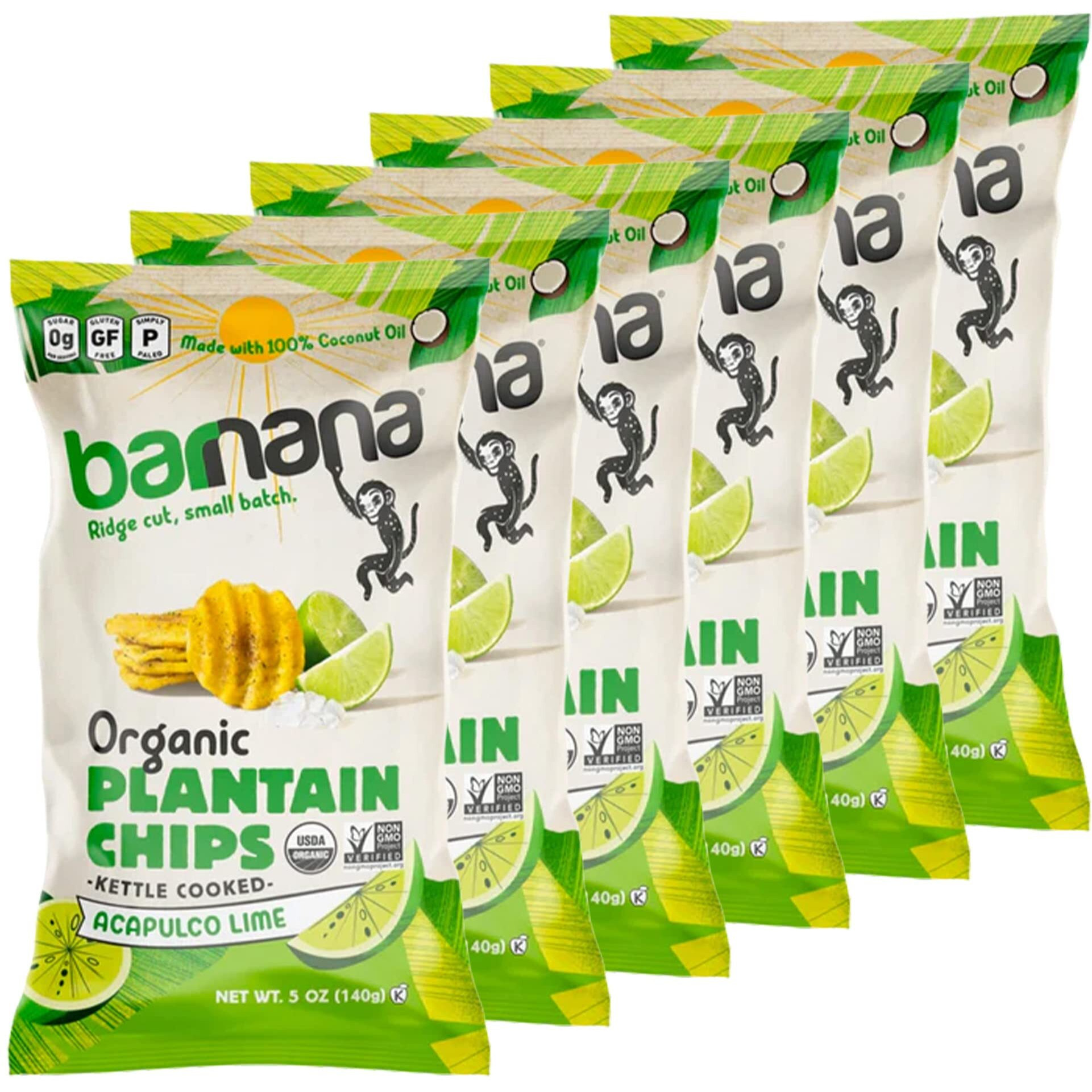 Barnana - Organic Plantain Chips, Acapulco Lime, Healthy Snack Made With 100% Coconut Oil, Non-Gmo, Potato Chip Alternative, Zero Sugar, Paleo, Grain-Free Chips, Vegan, Usda Organic (5 Oz, 6-Pack)