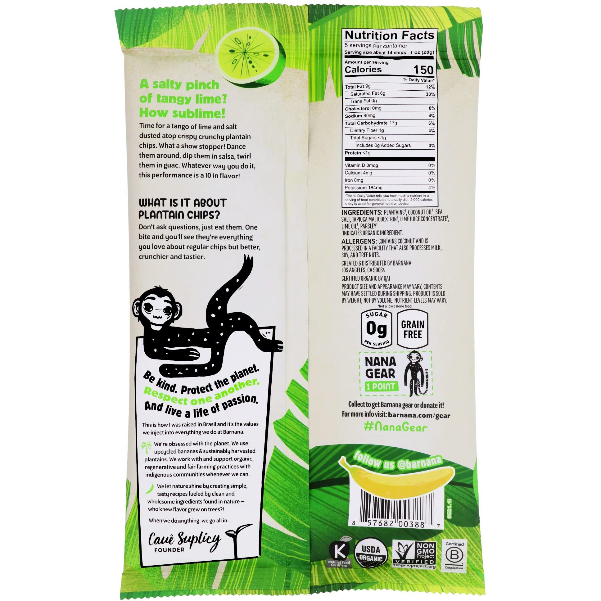 Barnana - Organic Plantain Chips, Acapulco Lime, Healthy Snack Made With 100% Coconut Oil, Non-Gmo, Potato Chip Alternative, Zero Sugar, Paleo, Grain-Free Chips, Vegan, Usda Organic (5 Oz, 6-Pack)