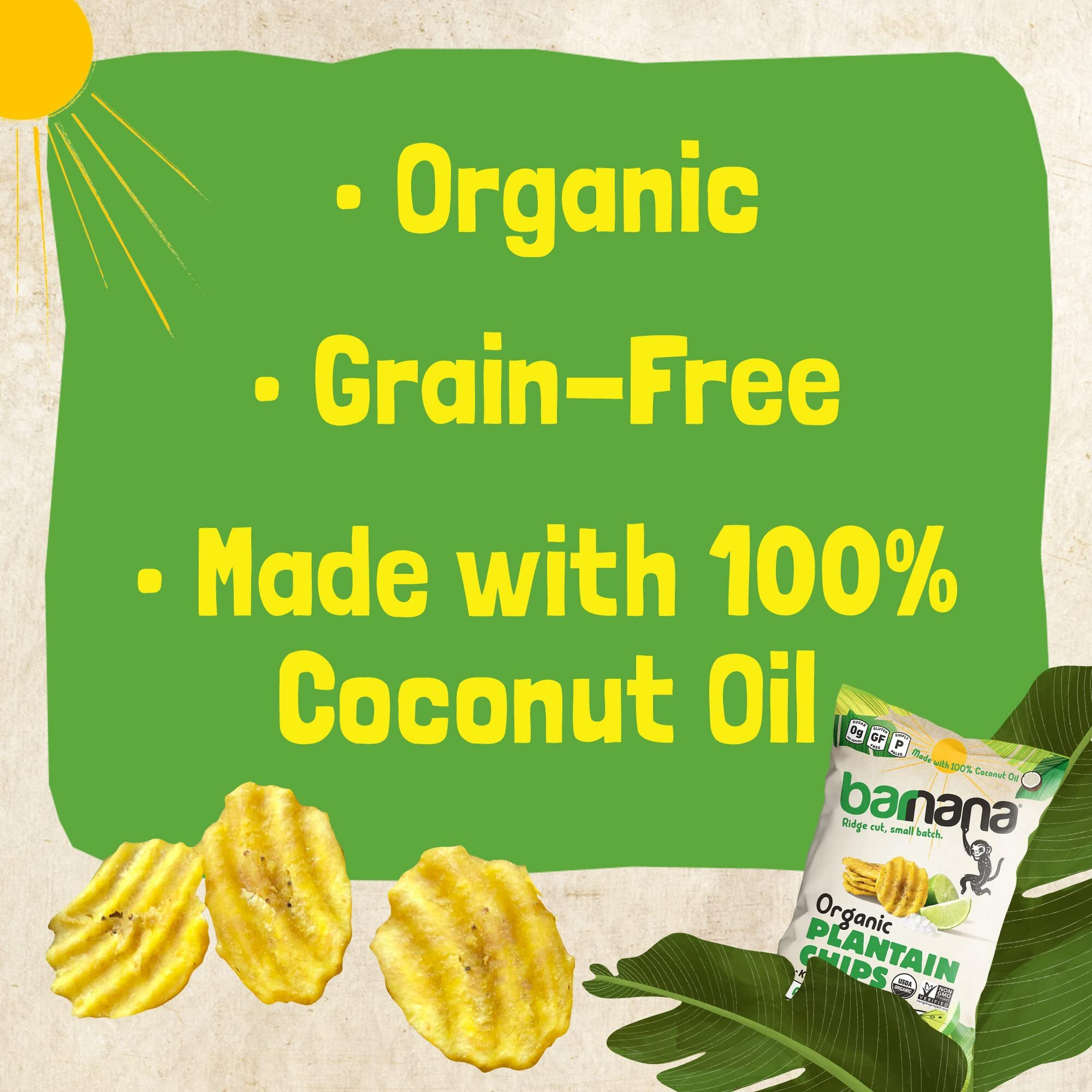 Barnana - Organic Plantain Chips, Acapulco Lime, Healthy Snack Made With 100% Coconut Oil, Non-Gmo, Potato Chip Alternative, Zero Sugar, Paleo, Grain-Free Chips, Vegan, Usda Organic (5 Oz, 6-Pack)