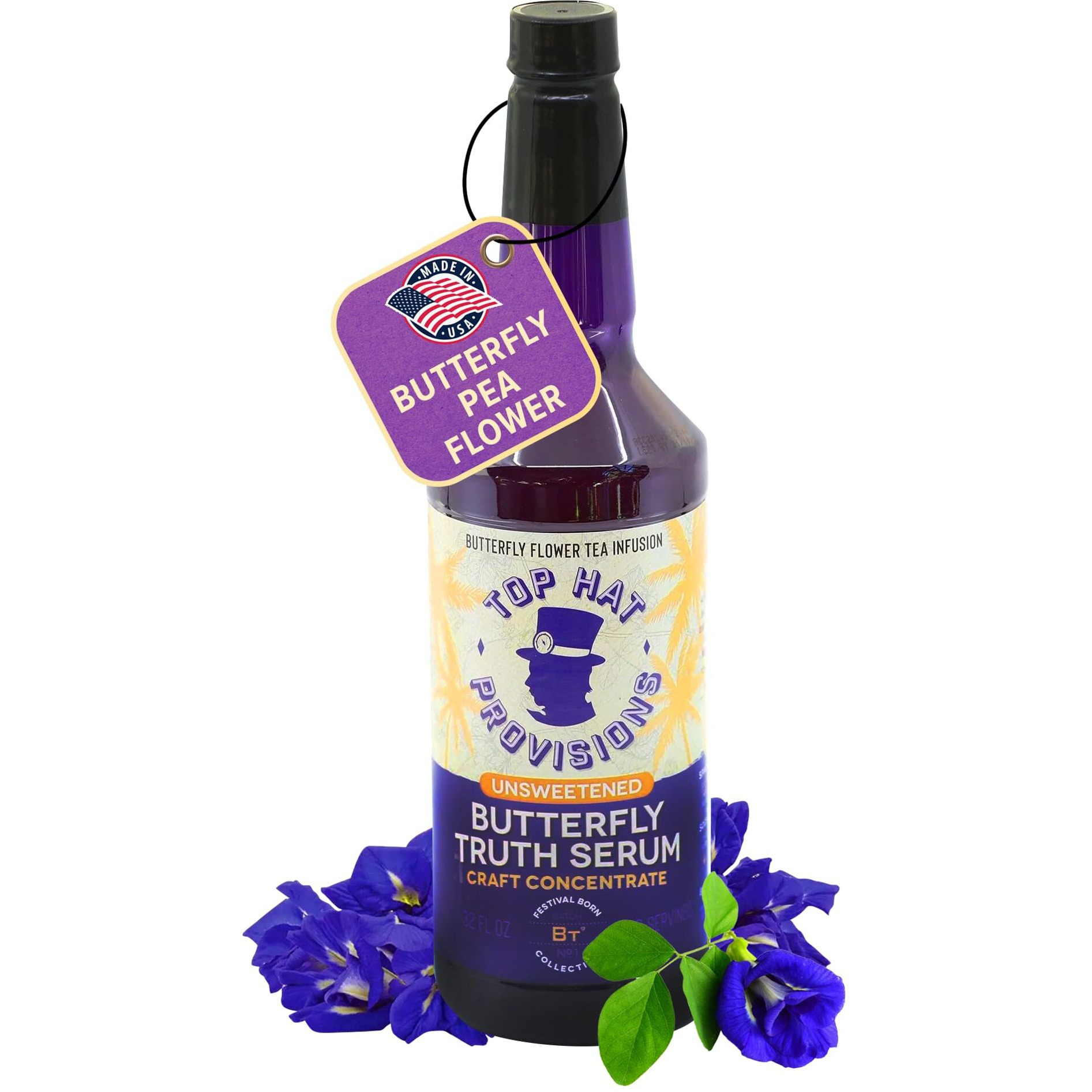 Top Hat Butterfly Truth Serum - Butterfly Pea Floral Extract - Blue Flower Tea Tincture - Blue Bitters - Unsweetened - Non-Alcoholic - Make Drinks Blue And Indigo Purple - 32Oz Bottle