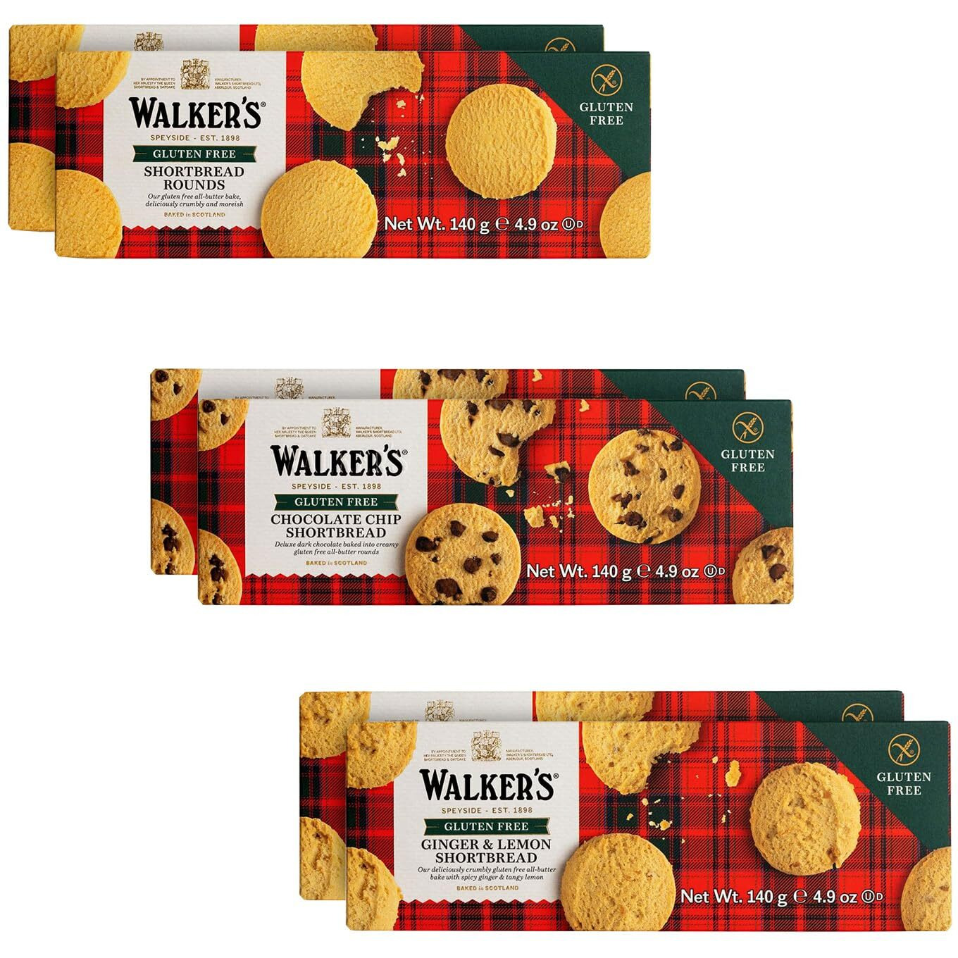 Walker's Shortbread Gluten Free Variety Pack, 2 Of Each Shortbread Rounds, Chocolate Chip, Ginger & Lemon, All-Butter Shortbread Cookie (Pack Of 6)
