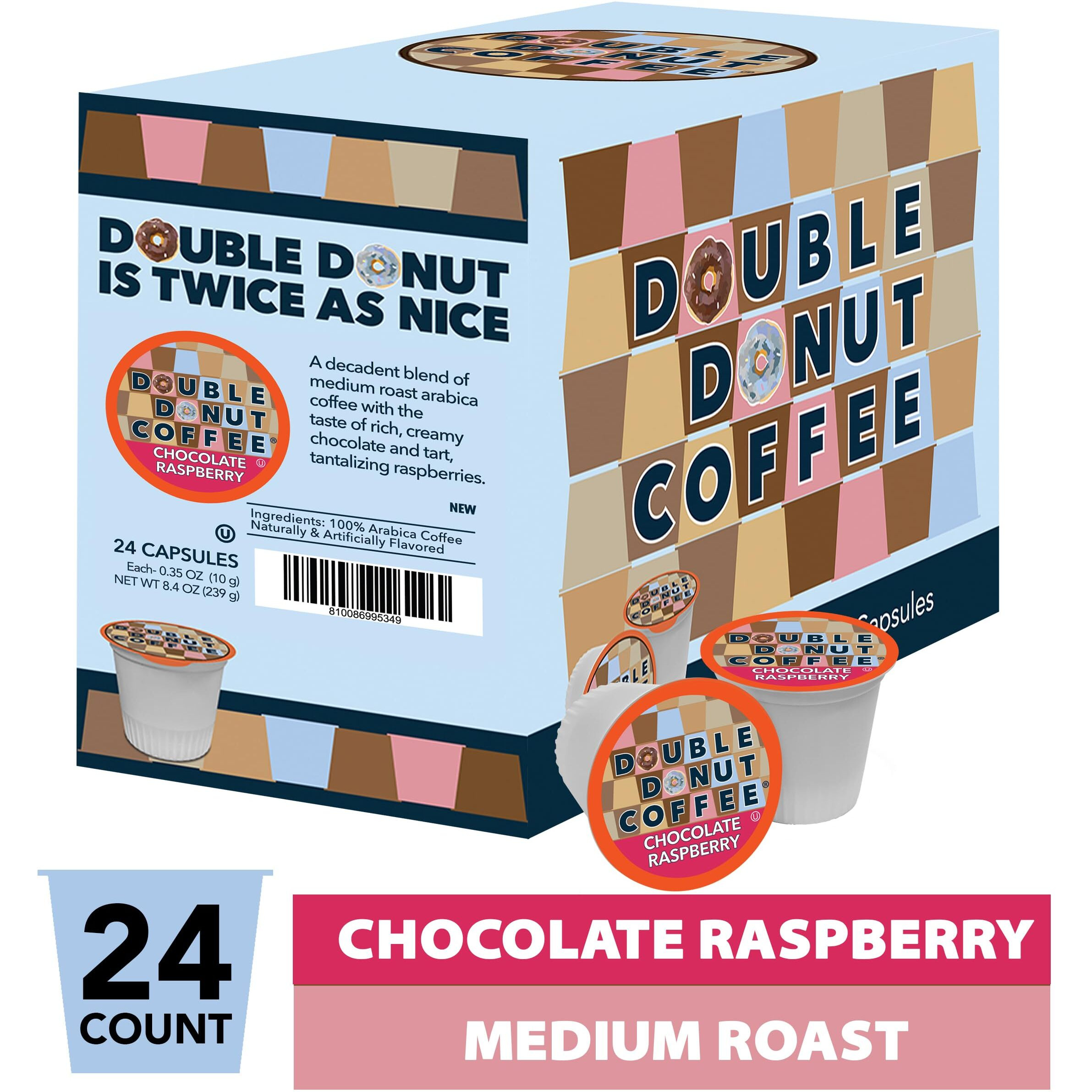 Double Donut Flavored Coffee Pods, Chocolate Raspberry Coffee, Single Serve Medium Roast Coffee For Keurig K Cups Brewers, 24 Count