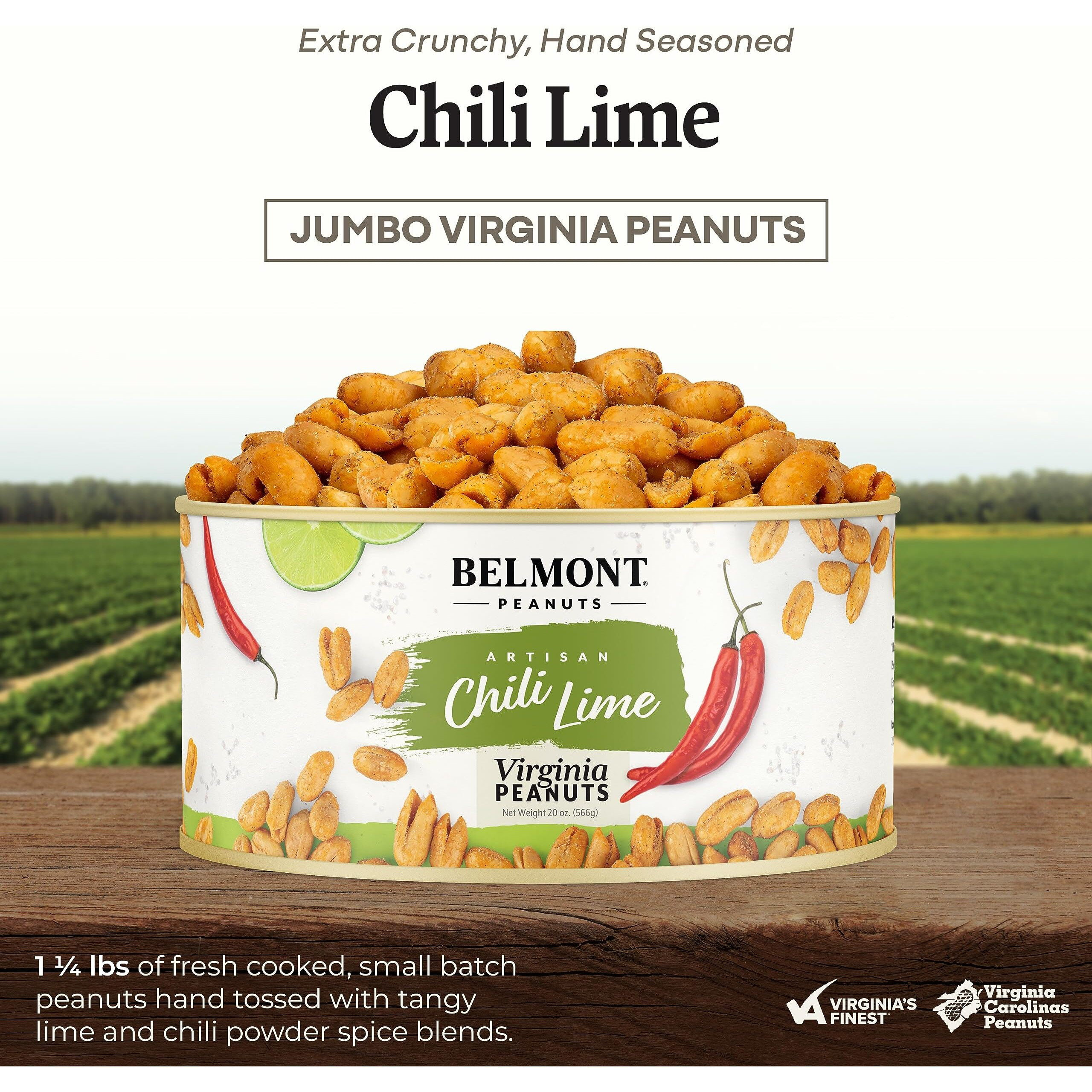 Belmont Peanuts Gourmet Chili Lime Virginia Peanuts, 20 Oz (1 Pack) - Simple Ingredients, No Preservatives, 7G Protein - A Premium, Citrusy, Spicy, Salty, Crunchy, Hand Seasoned Snack