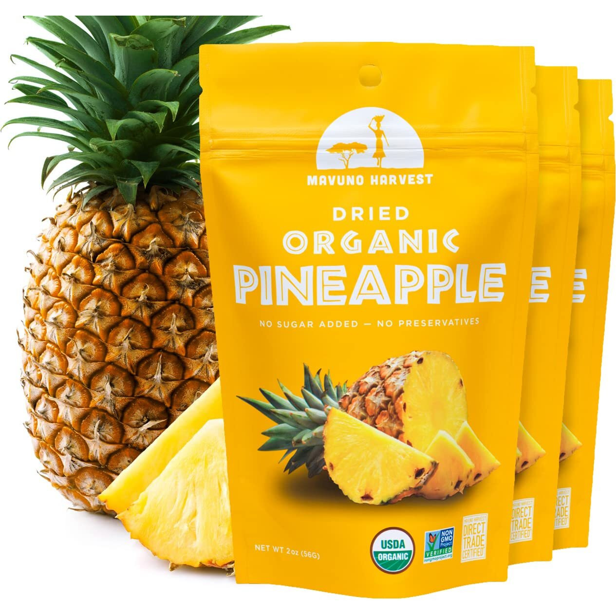 Mavuno Harvest Pineapple Dried Fruit Snacks | Organic Dried Pineapple Chunks| Gluten Free Healthy Snacks For Kids And Adults | No Sugar Added, Vegan, Non Gmo, Direct Trade | 2 Ounce, Pack Of 3