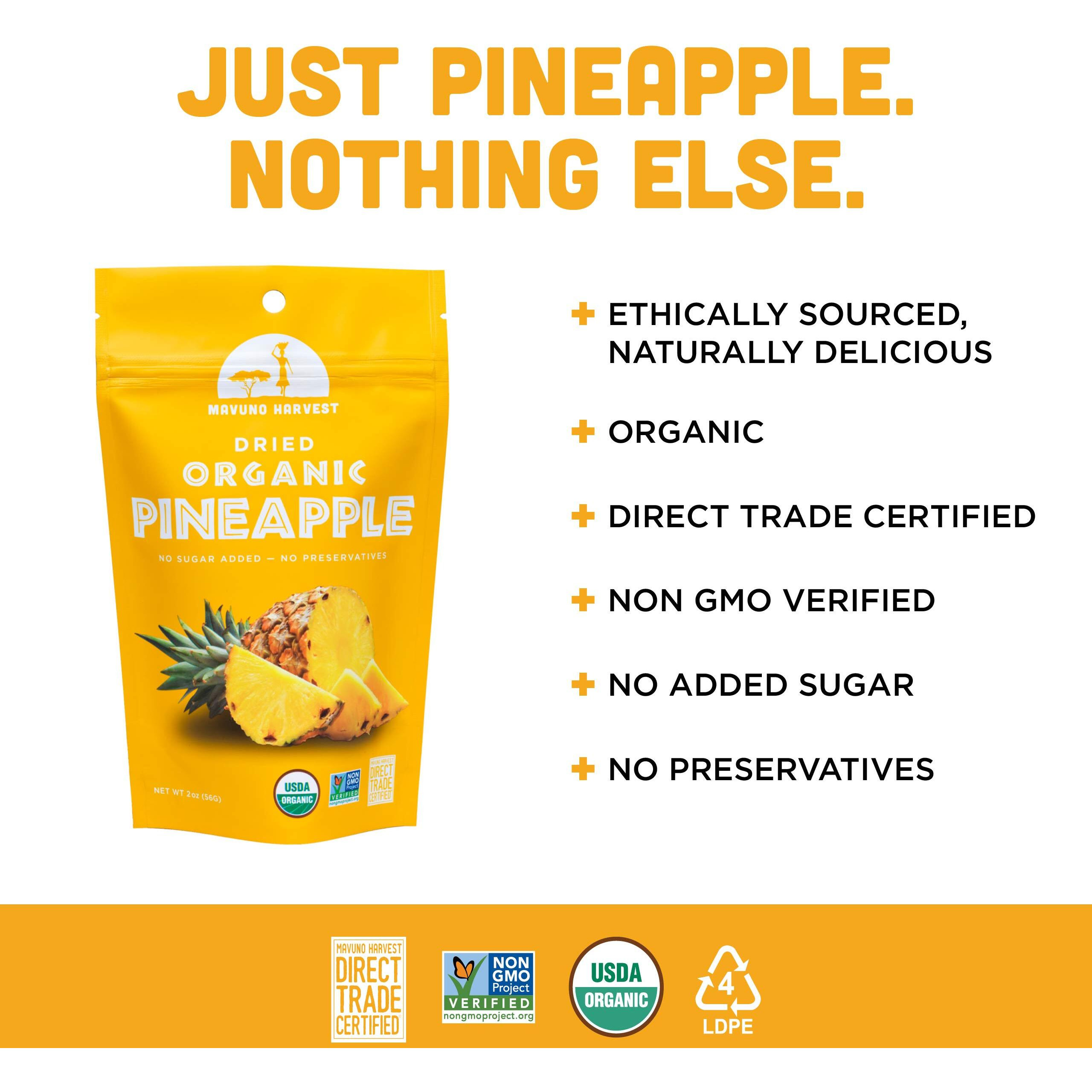 Mavuno Harvest Pineapple Dried Fruit Snacks | Organic Dried Pineapple Chunks| Gluten Free Healthy Snacks For Kids And Adults | No Sugar Added, Vegan, Non Gmo, Direct Trade | 2 Ounce, Pack Of 3