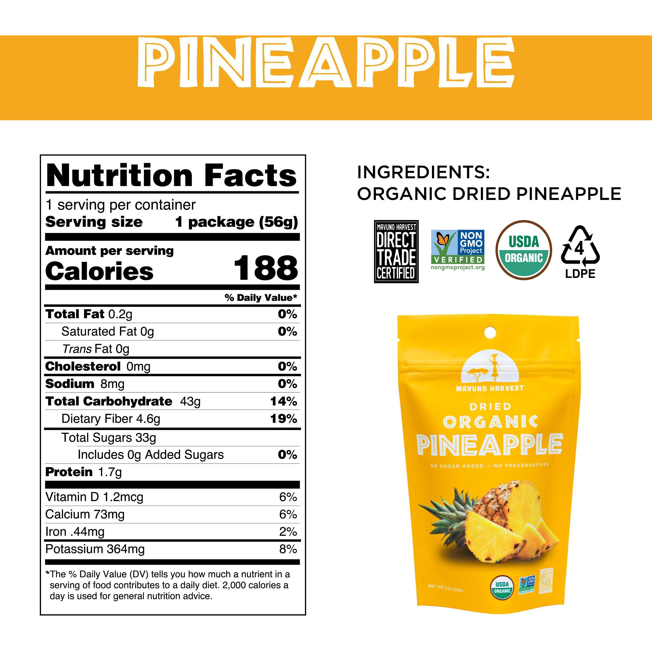 Mavuno Harvest Pineapple Dried Fruit Snacks | Organic Dried Pineapple Chunks| Gluten Free Healthy Snacks For Kids And Adults | No Sugar Added, Vegan, Non Gmo, Direct Trade | 2 Ounce, Pack Of 3
