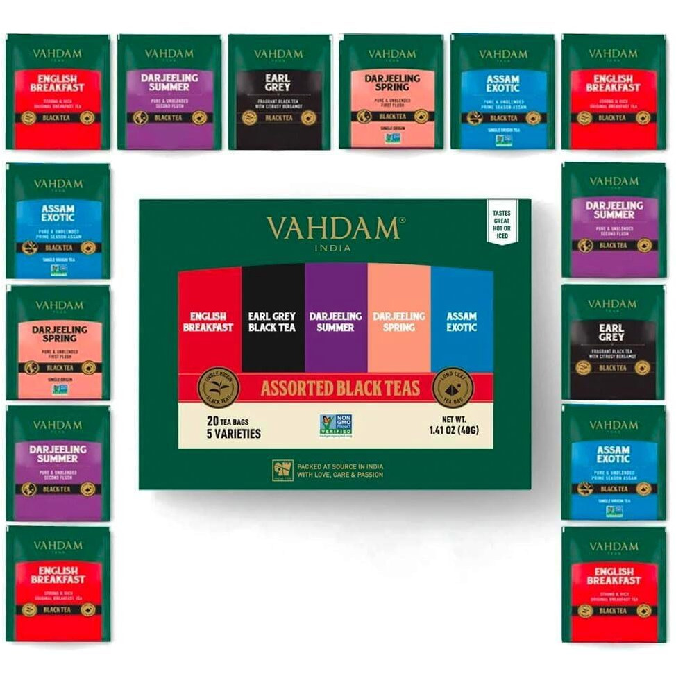 Vahdam, Assorted Black Tea Sampler Gift Set (5 Flavors, 20 Tea Bags) Gluten Free, Non Gmo | Tea Variety Pack - Long Leaf Pyramid Black Tea Bags Variety Pack | Gifts For Women & Men, Tea Set