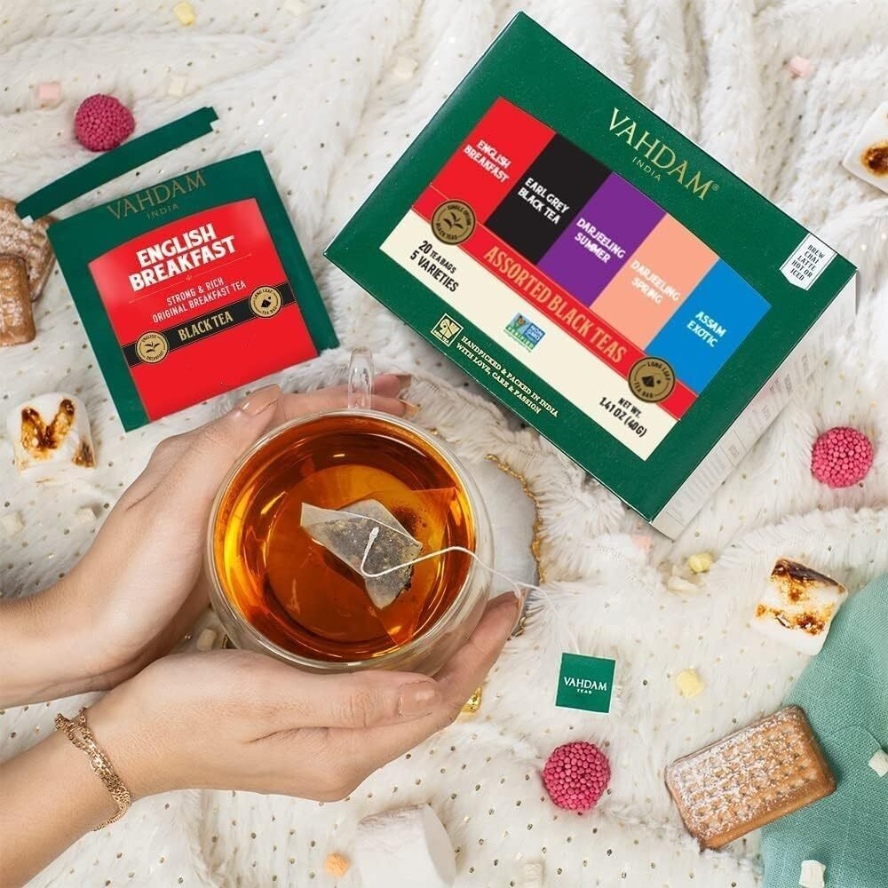 Vahdam, Assorted Black Tea Sampler Gift Set (5 Flavors, 20 Tea Bags) Gluten Free, Non Gmo | Tea Variety Pack - Long Leaf Pyramid Black Tea Bags Variety Pack | Gifts For Women & Men, Tea Set