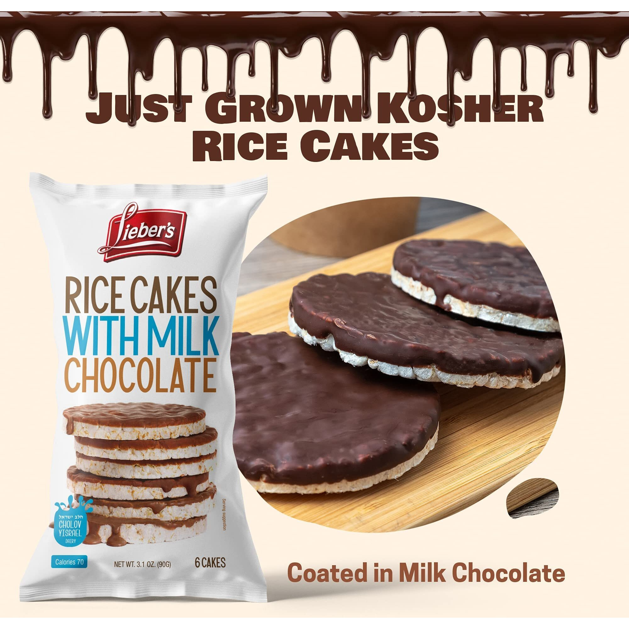 Liebers Milk Chocolate Rice Cakes, Kosher Certified Dairy, Gluten Free Snack (Pack Of 6) (Milk Chocolate)