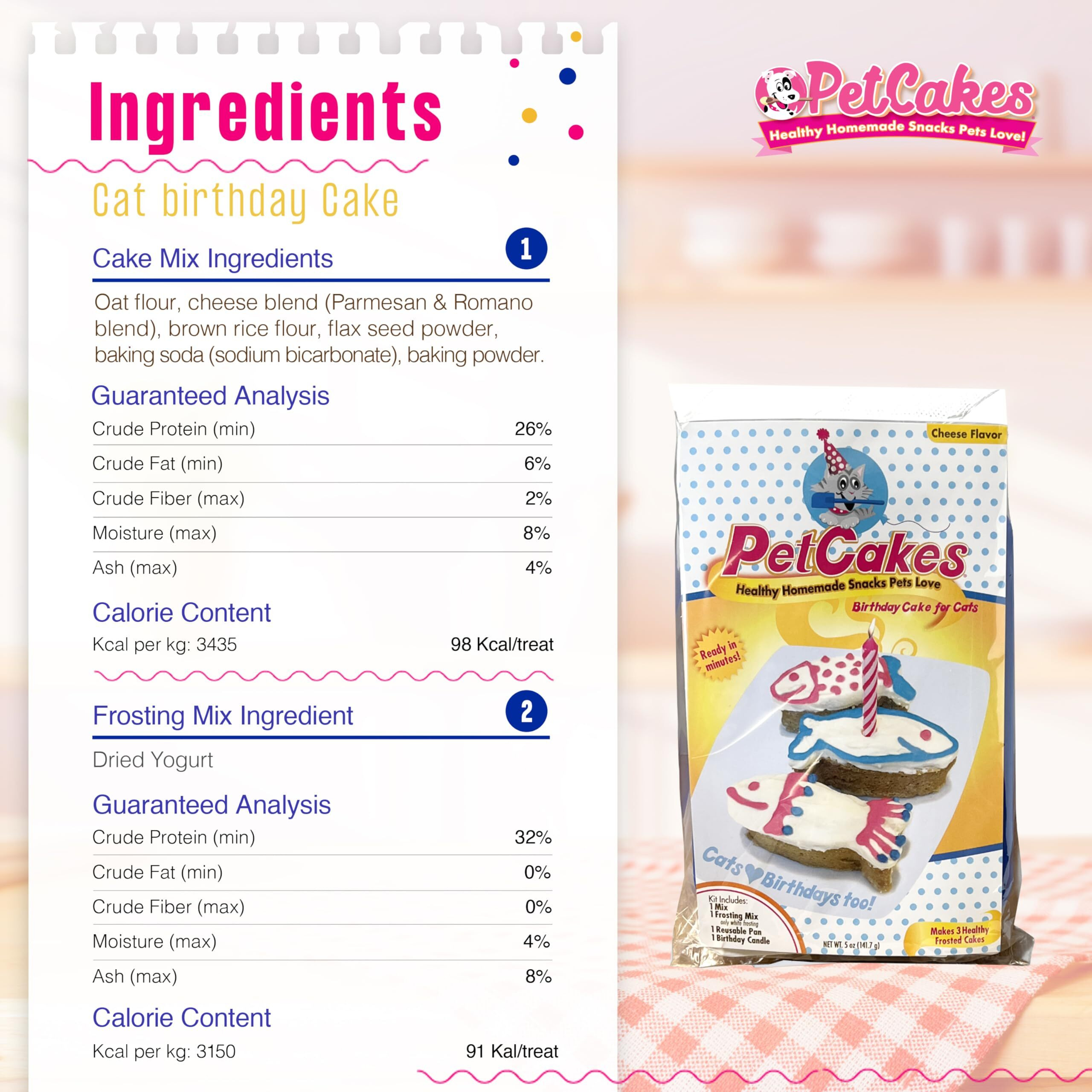 Petcakes Cat Birthday Cake Kit - All Natural Treats - Kitten & Cats Cheese Flavor Cat Food - 5.5 Oz