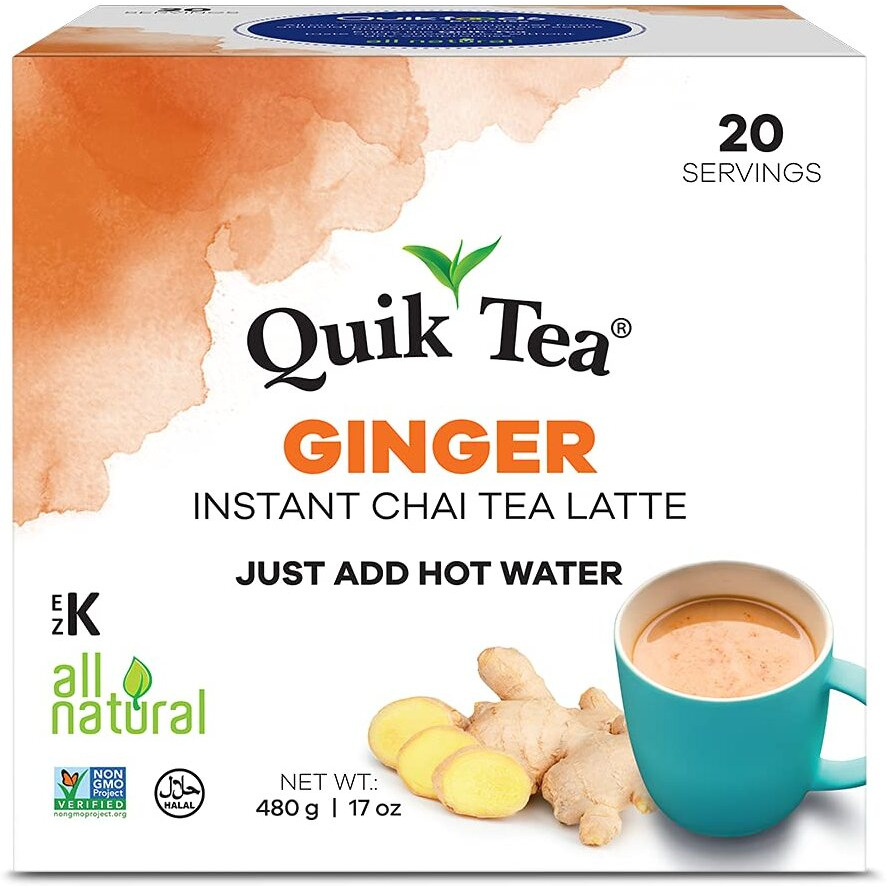 Quiktea Ginger Instant Chai Tea Latte - 20 Count Single Box - All Natural & Preservative Free