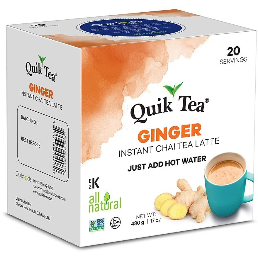 Quiktea Ginger Instant Chai Tea Latte - 20 Count Single Box - All Natural & Preservative Free