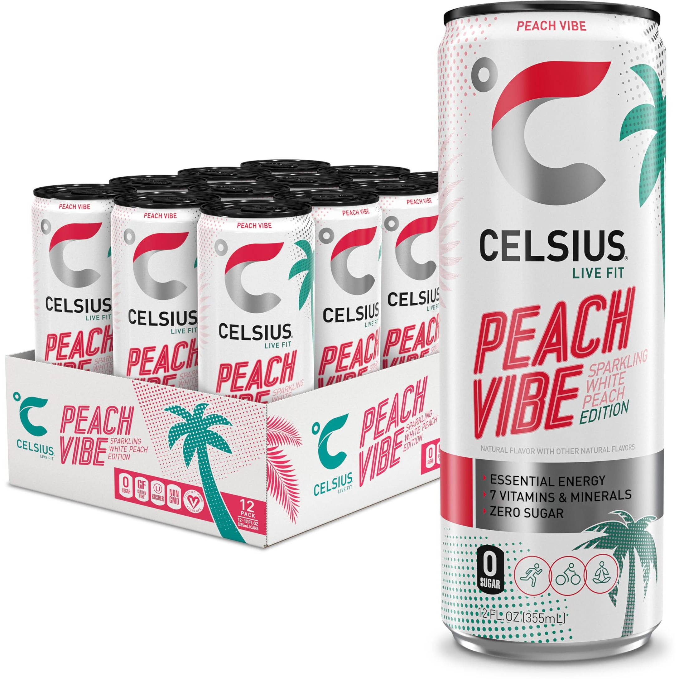 Celsius Sparkling Peach Vibe, Functional Essential Energy Drink 12 Fl Oz (Pack Of 12)