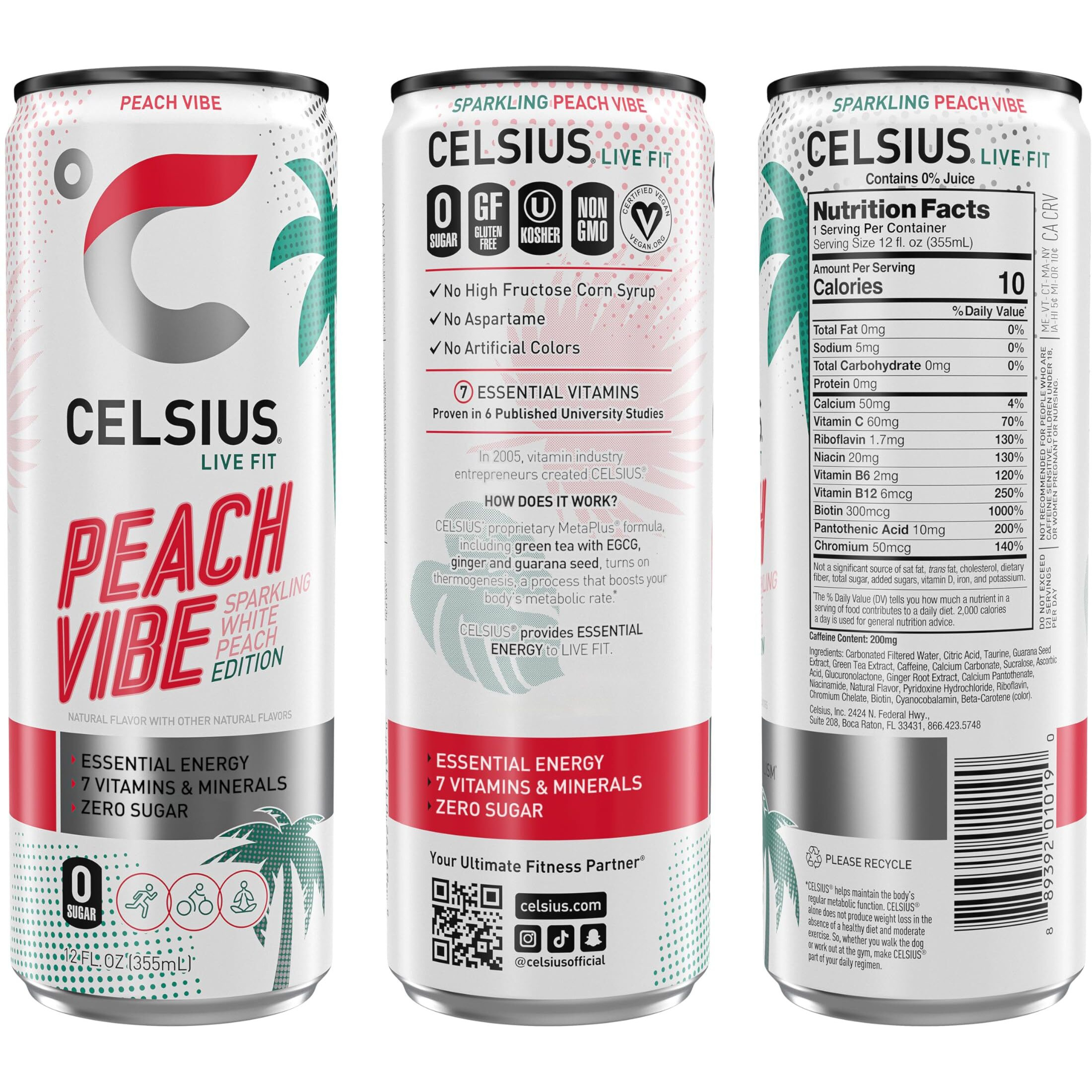 Celsius Sparkling Peach Vibe, Functional Essential Energy Drink 12 Fl Oz (Pack Of 12)
