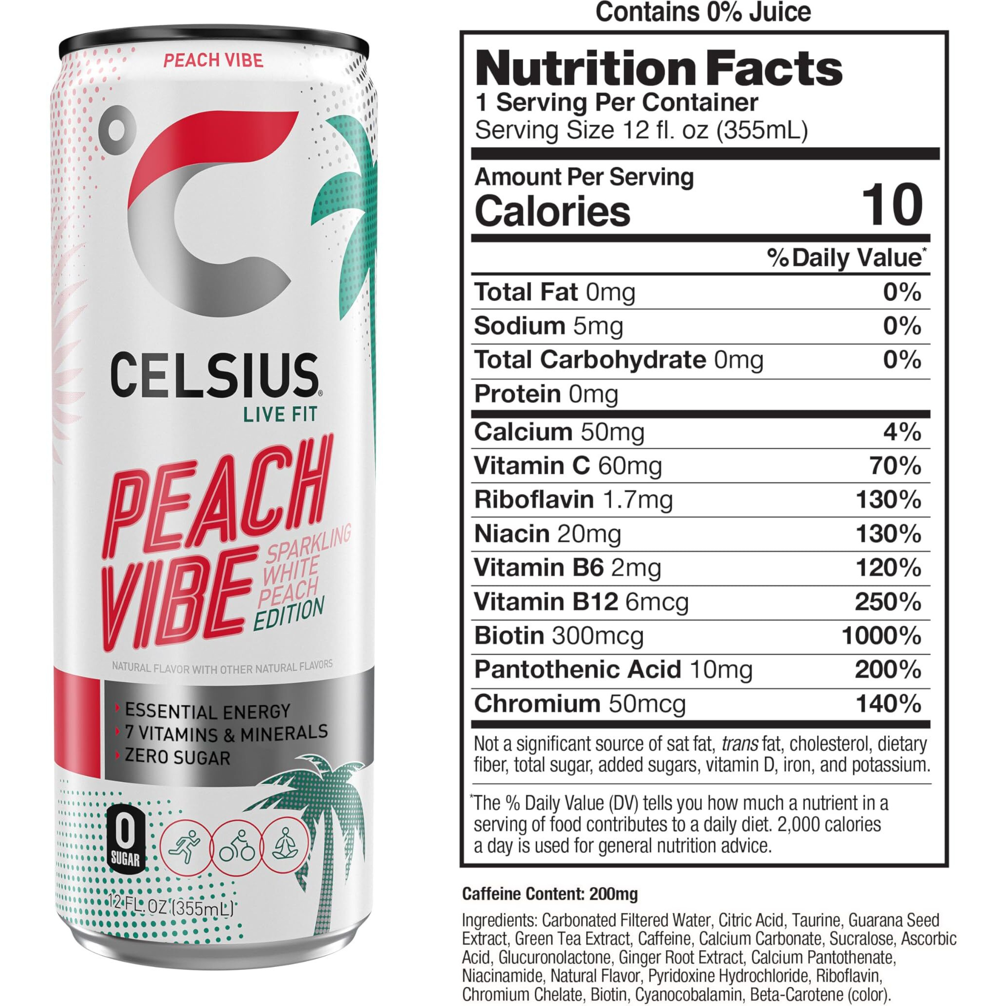 Celsius Sparkling Peach Vibe, Functional Essential Energy Drink 12 Fl Oz (Pack Of 12)