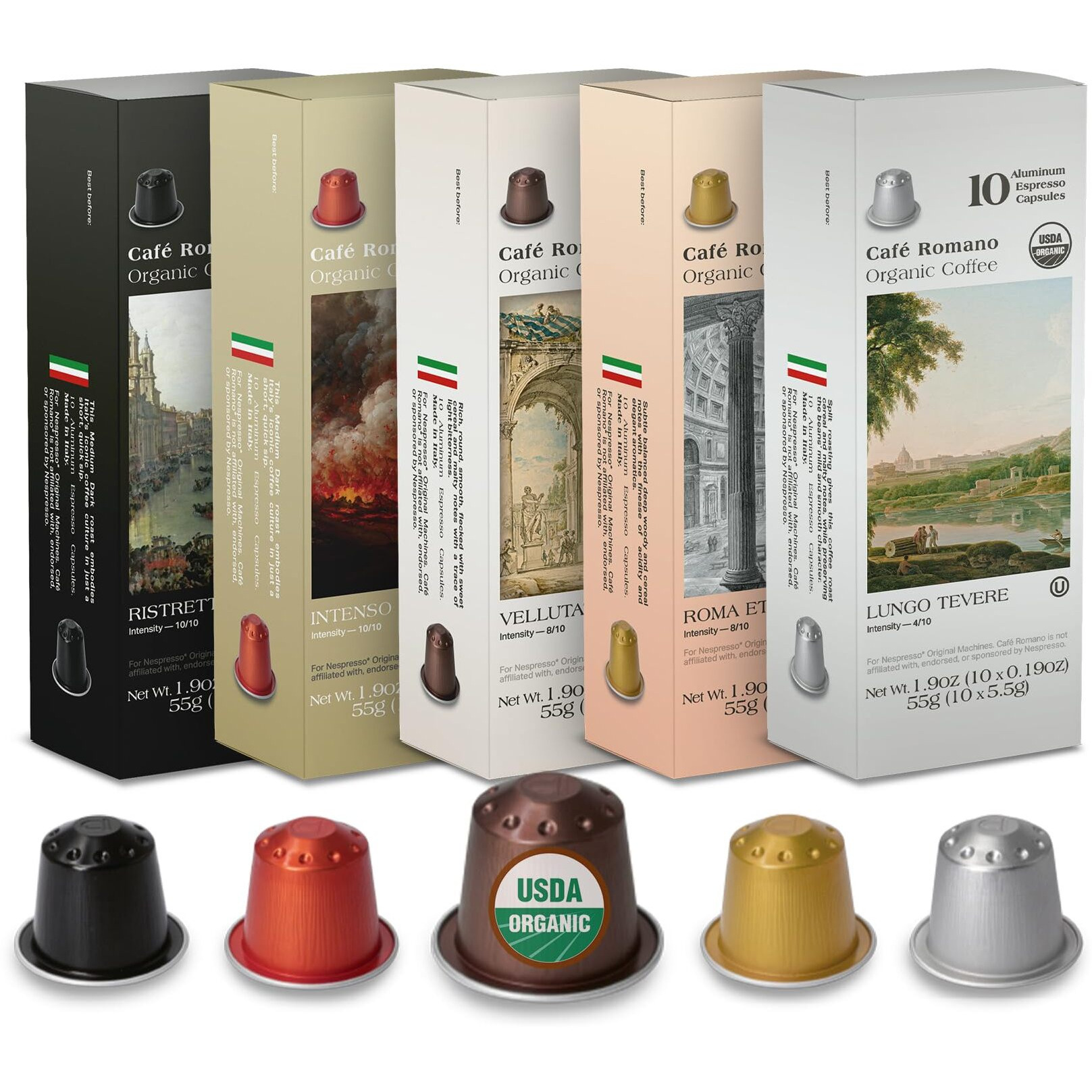 Organic Usda Caf   Romano Coffee Aluminum Espresso Pods For Nespresso Original Machine 100 Pack Italian Espresso Coffee (Variety Pack)