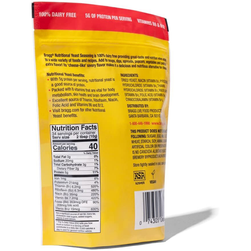 Bragg Premium Nutritional Yeast Seasoning - Vegan, Gluten Free - Good Source Of Protein & Vitamins - Nutritious Savory Parmesan Cheese Substitute (Original, 12 Ounce (Pack Of 1))