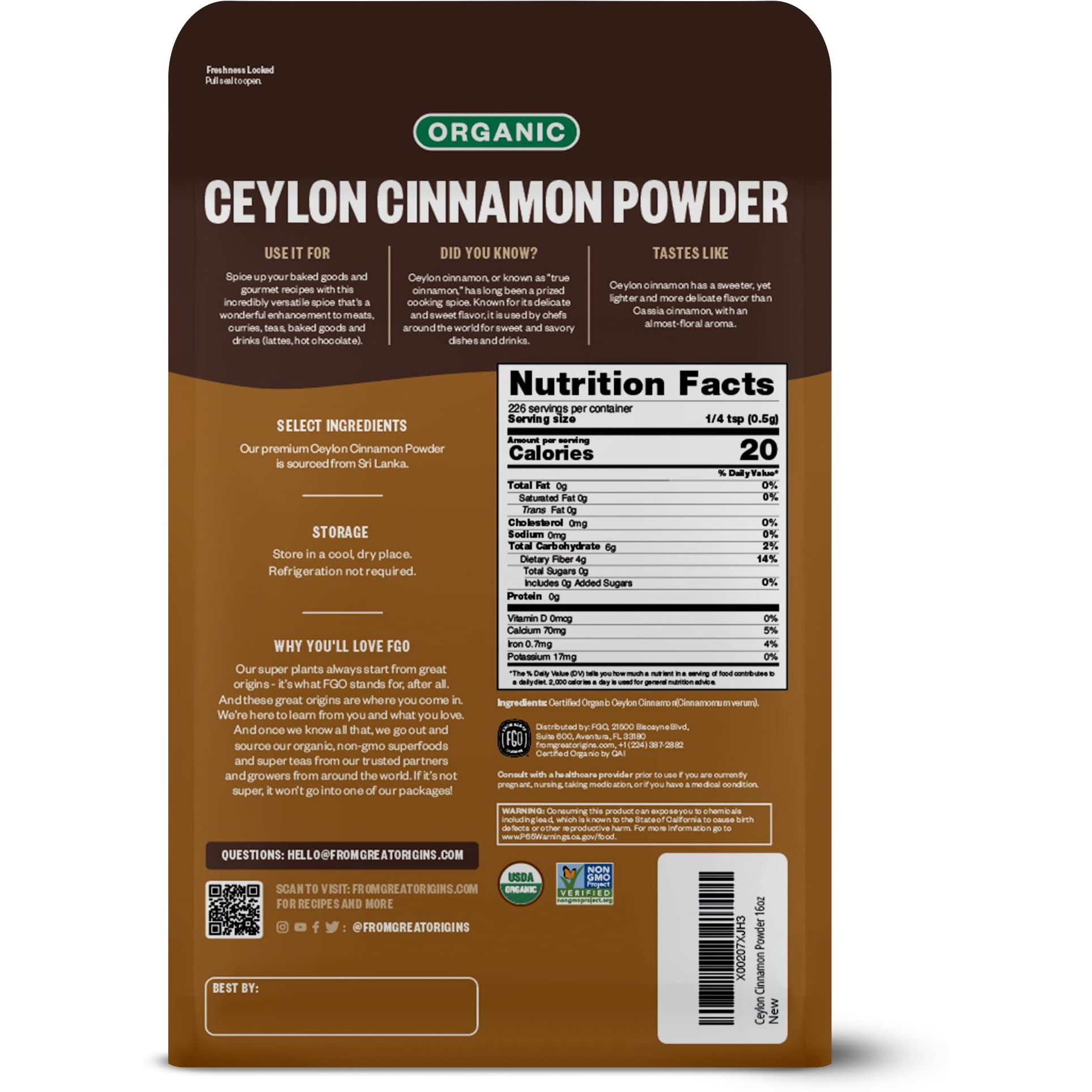 Fgo Organic Ceylon Cinnamon Powder, 100% Raw From Sri Lanka, 16Oz, Packaging May Vary (Pack Of 1)