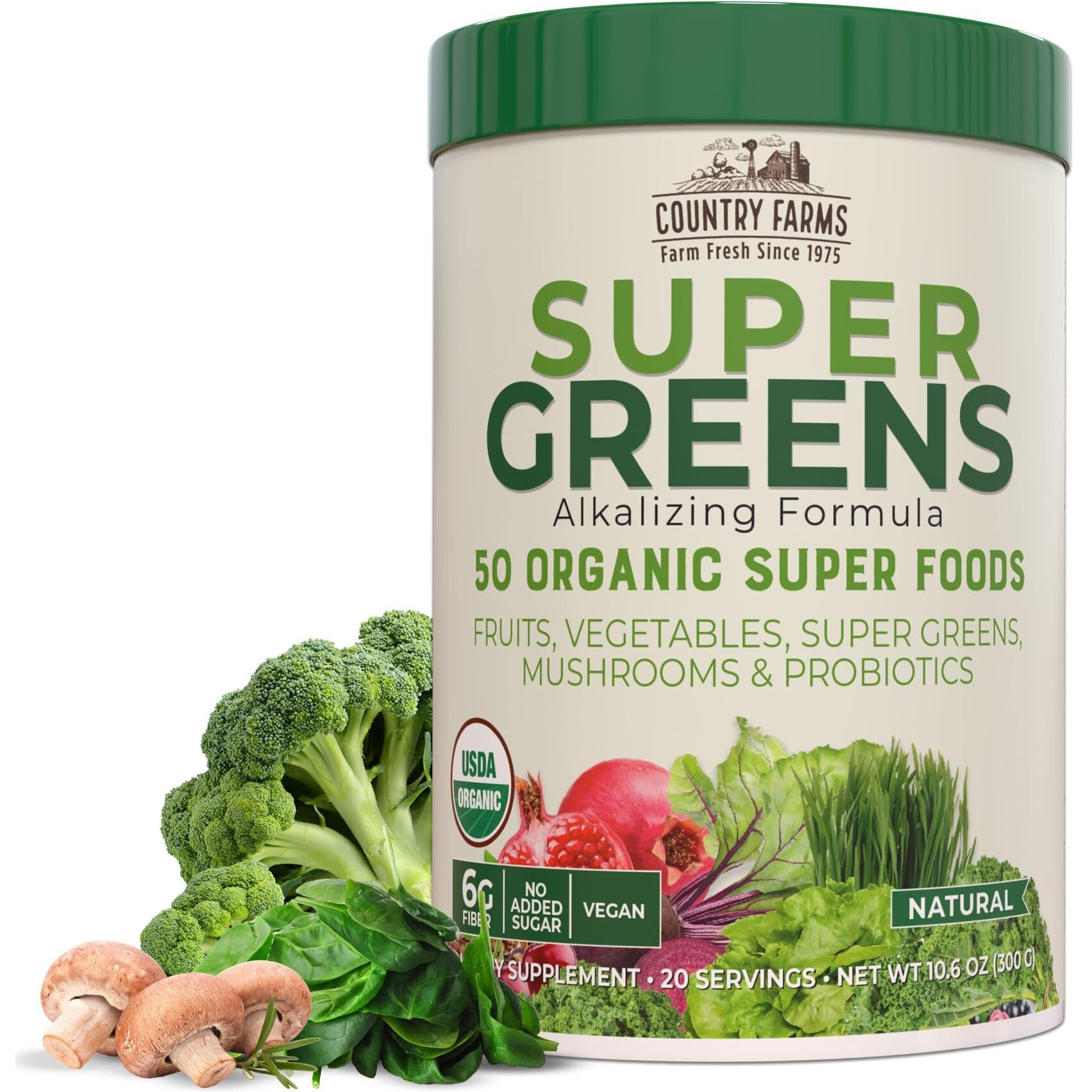 Country Farms Super Greens Natural Flavor, 50 Organic Super Foods, Packed With Fiber, Usda Organic Drink Mix, Fruits, Vegetables, Super Greens, Mushrooms & Probiotics, Supports Energy, 10.6 Oz