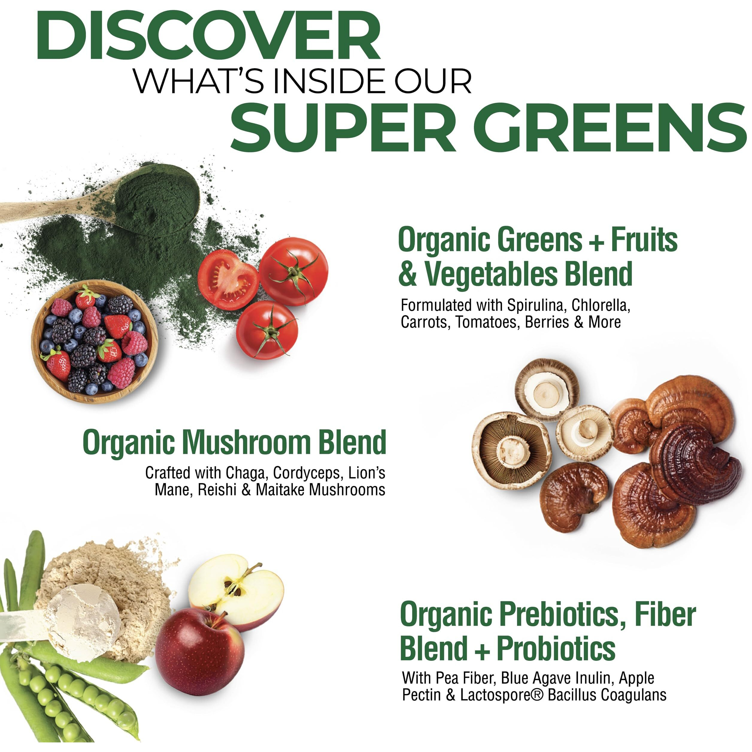 Country Farms Super Greens Natural Flavor, 50 Organic Super Foods, Packed With Fiber, Usda Organic Drink Mix, Fruits, Vegetables, Super Greens, Mushrooms & Probiotics, Supports Energy, 10.6 Oz