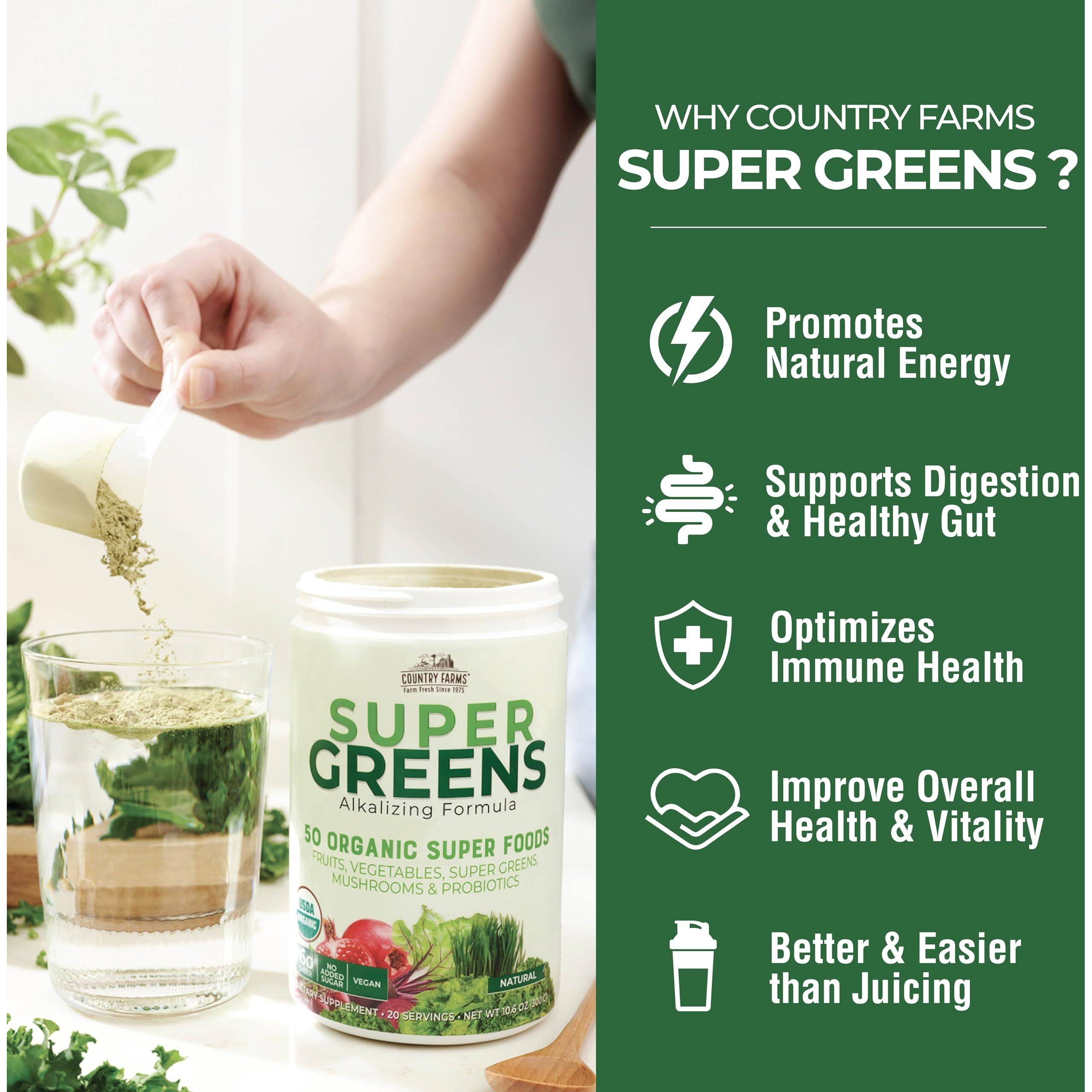 Country Farms Super Greens Natural Flavor, 50 Organic Super Foods, Packed With Fiber, Usda Organic Drink Mix, Fruits, Vegetables, Super Greens, Mushrooms & Probiotics, Supports Energy, 10.6 Oz