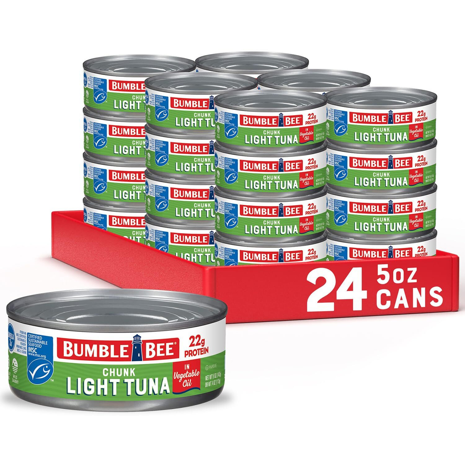 Bumble Bee Chunk Light Tuna In Water, 5 Oz Cans (Pack Of 24) - Wild Caught Skipjack Tuna - 23G Protein Per Serving - Msc Certified Sustainable Seafood, Non-Gmo, Gluten Free, Kosher