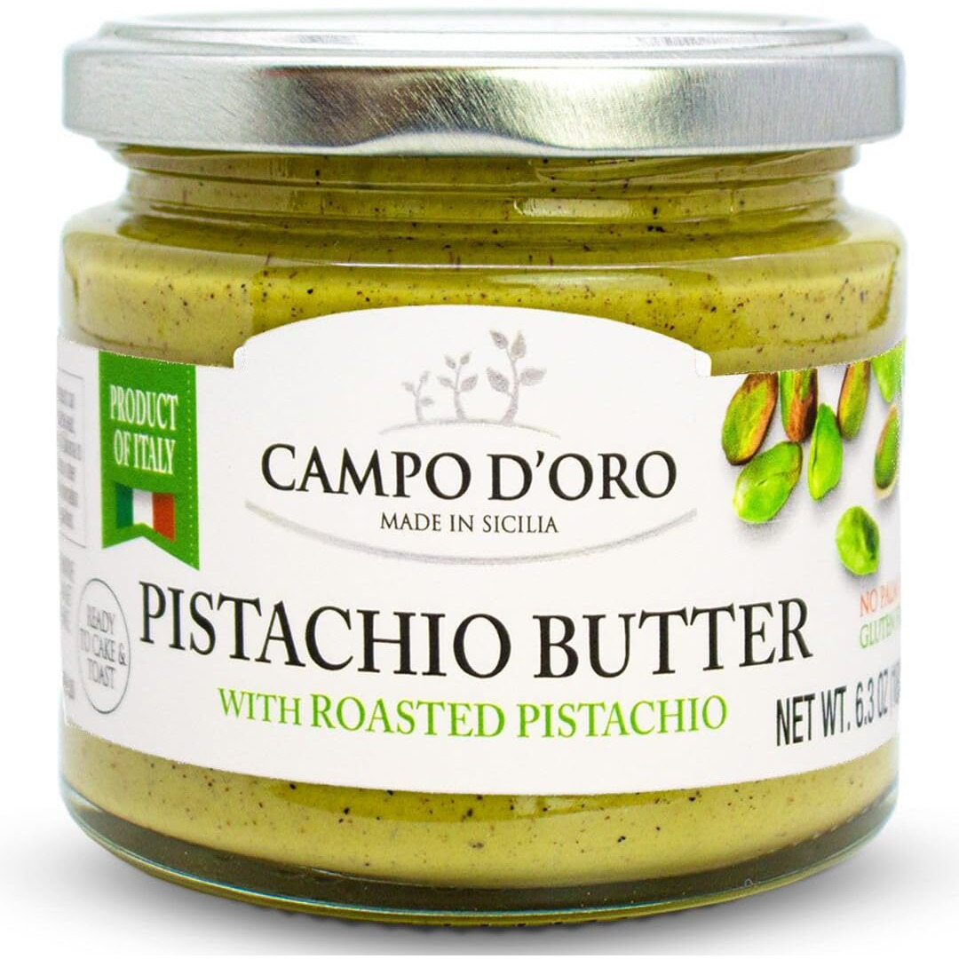 Pistachio Nut Butter Sweet Cream, 6.35 Oz (180G), Rich & Nutty Pistachio Cream For Knafeh Pistachio Chocolate Bars, Sweet Sicilian Pistachio Cream Spread, Spreadable, Mix Well After Opening, Pistachios From Sicily, Italy, No Palm Oil, Campo D'Oro