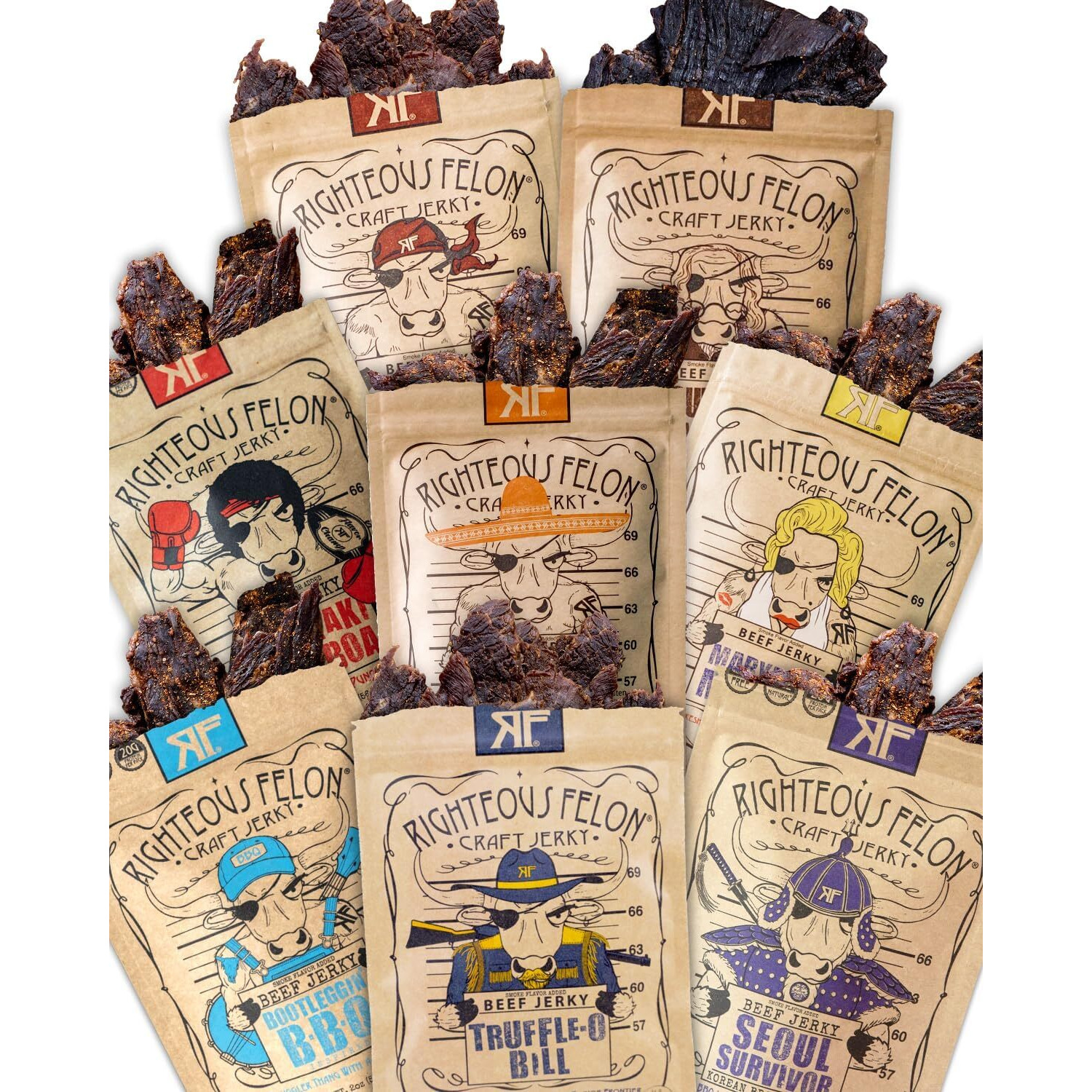 Righteous Felon Beef Jerky Variety Pack | Gluten Free Beef Jerky Snack Packs For Adults | High Protein, Keto-Friendly, Low Sugar | Made With Premium Meats | Beef Jerky Gifts For Men | Sampler 8 Pack