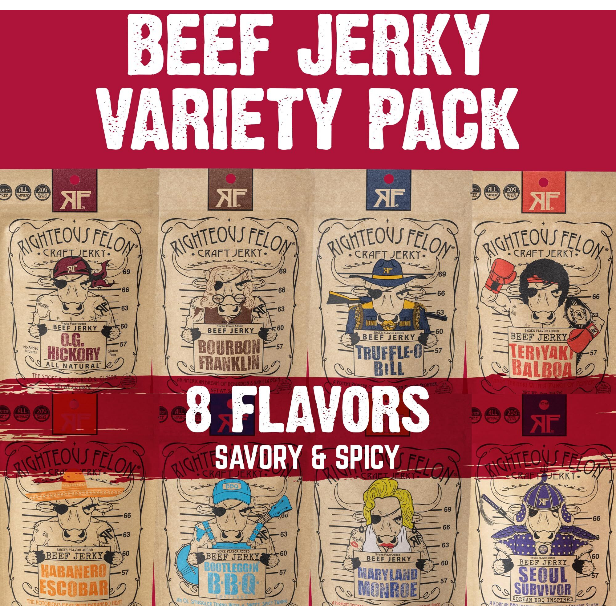 Righteous Felon Beef Jerky Variety Pack | Gluten Free Beef Jerky Snack Packs For Adults | High Protein, Keto-Friendly, Low Sugar | Made With Premium Meats | Beef Jerky Gifts For Men | Sampler 8 Pack