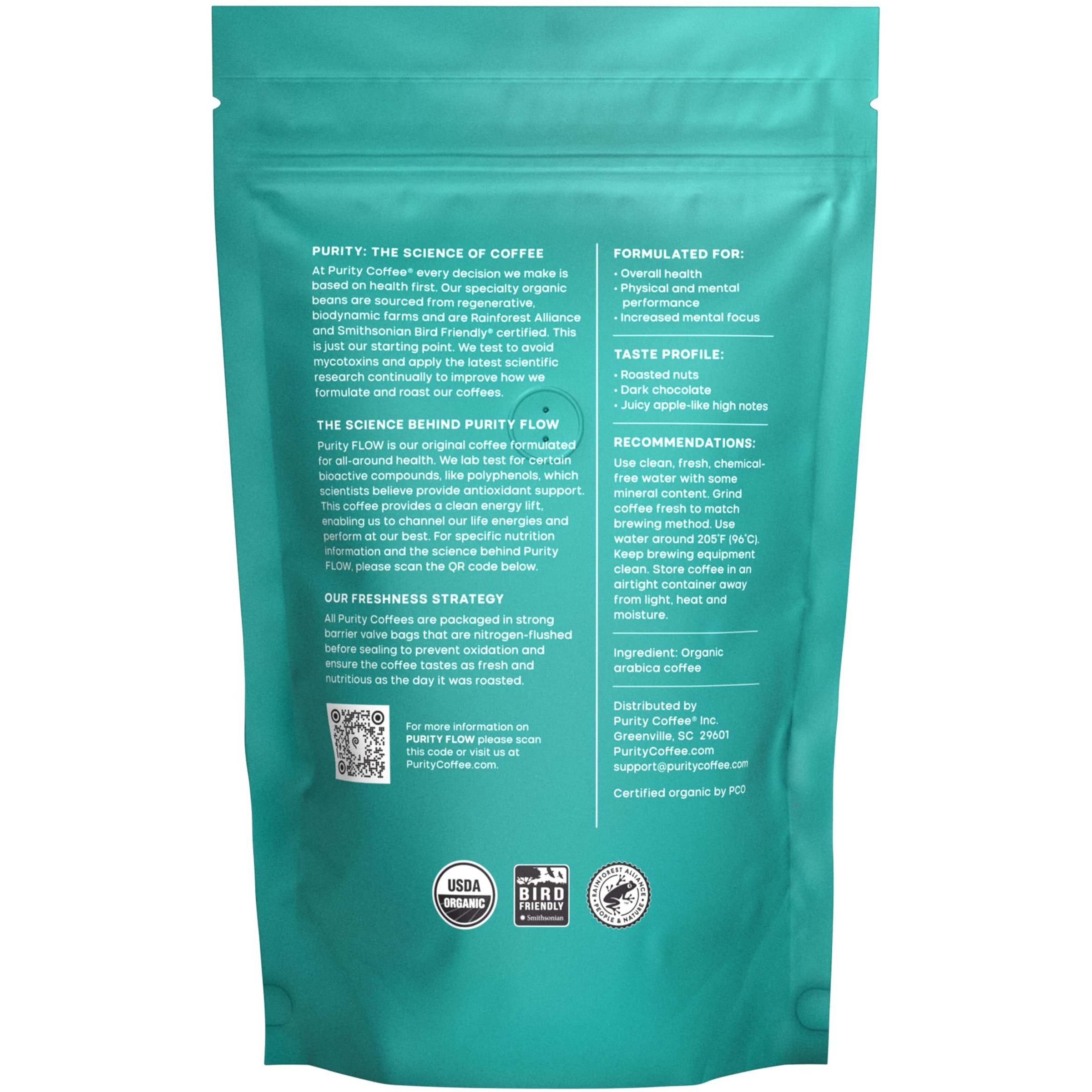 Purity Coffee Flow Medium Roast Organic Coffee - Usda Certified Organic Specialty Grade Arabica Whole Bean Coffee - Third Party Tested For Mold, Mycotoxins And Pesticides - 12 Oz Bag