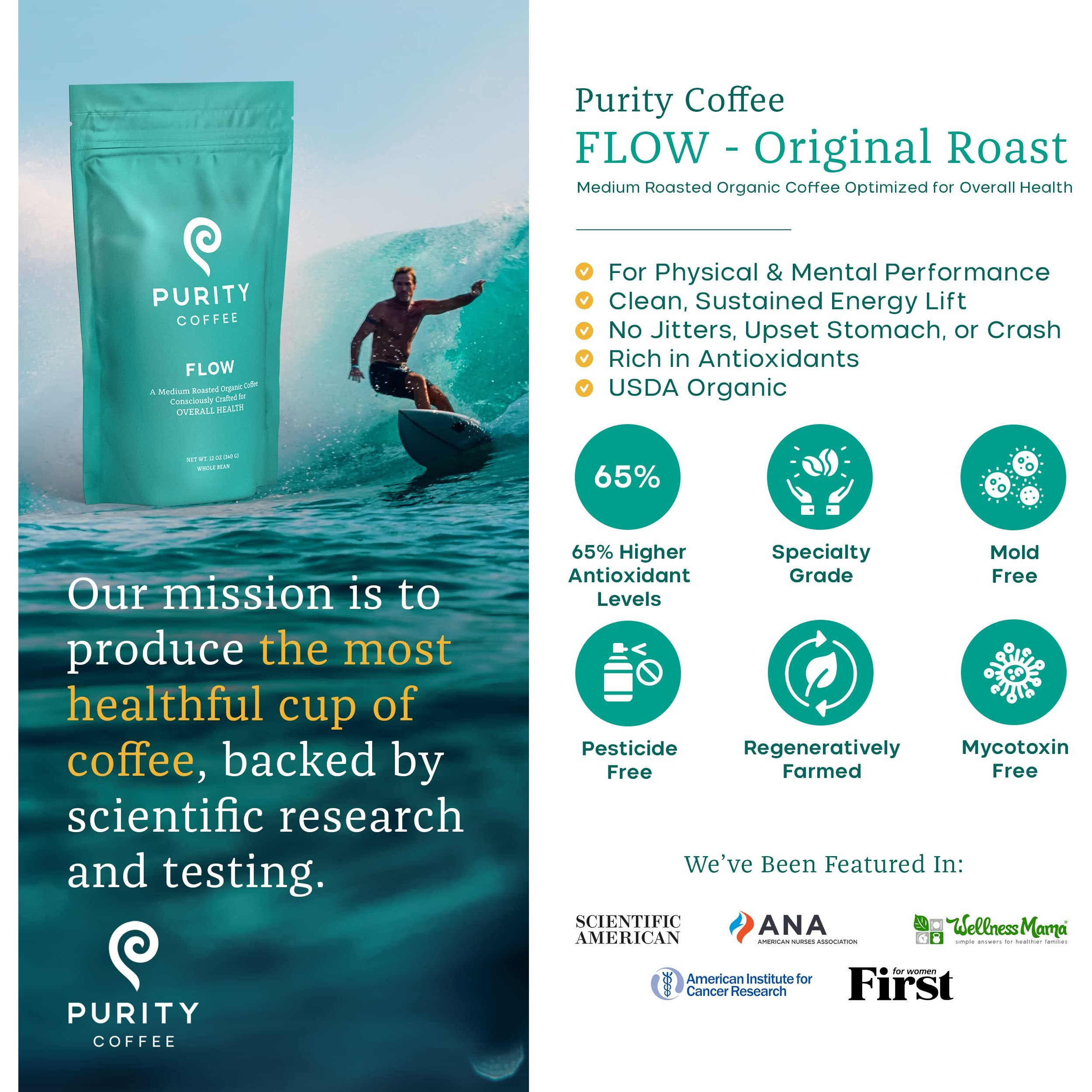 Purity Coffee Flow Medium Roast Organic Coffee - Usda Certified Organic Specialty Grade Arabica Whole Bean Coffee - Third Party Tested For Mold, Mycotoxins And Pesticides - 12 Oz Bag