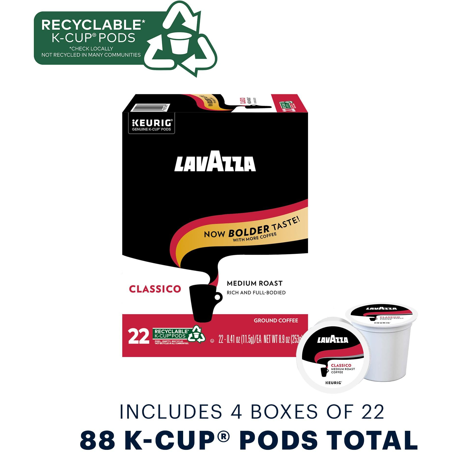 Lavazza Classico Single-Serve Coffee K-Cups For Keurig Brewer, Medium Roast, 88 Capsules Value Pack, 1