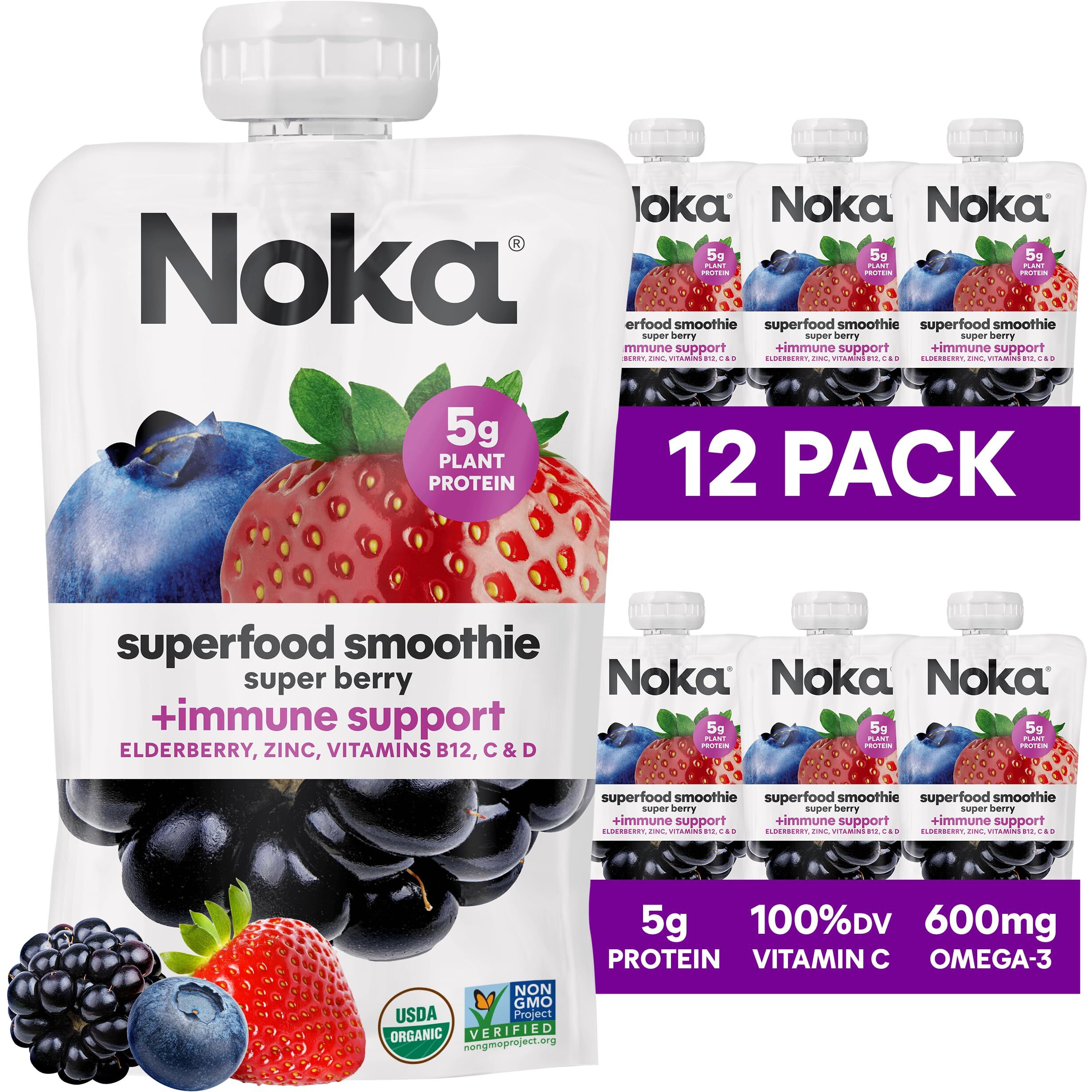 Noka Superfood Fruit Smoothie Pouches, Super Berry With Immune Support, Healthy Snacks With Elderberry, Flax Seed, Plant Protein, And Prebiotic Fiber, Gluten Free And Vegan, 4.22 Oz, 12 Count