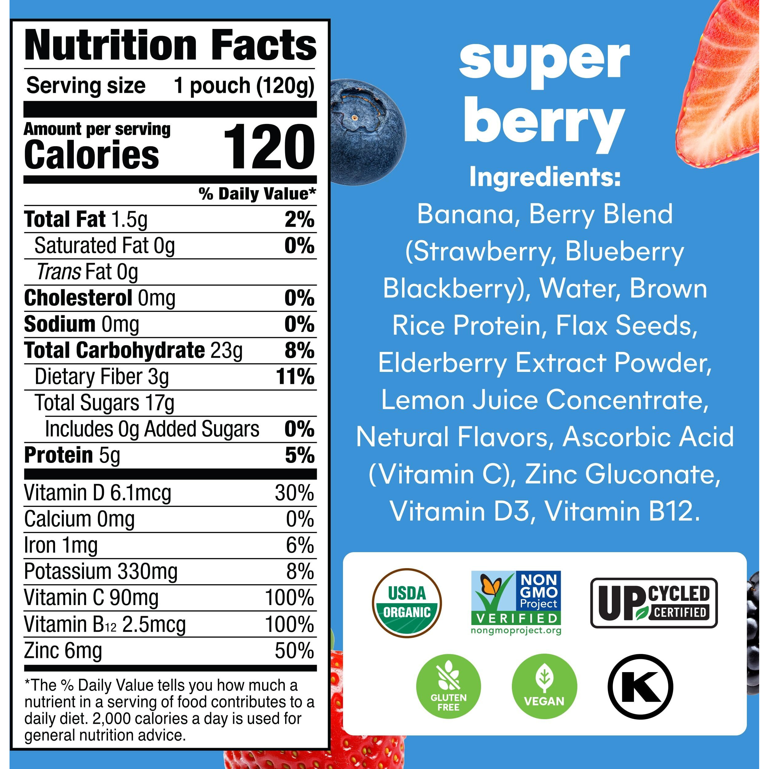 Noka Superfood Fruit Smoothie Pouches, Super Berry With Immune Support, Healthy Snacks With Elderberry, Flax Seed, Plant Protein, And Prebiotic Fiber, Gluten Free And Vegan, 4.22 Oz, 12 Count