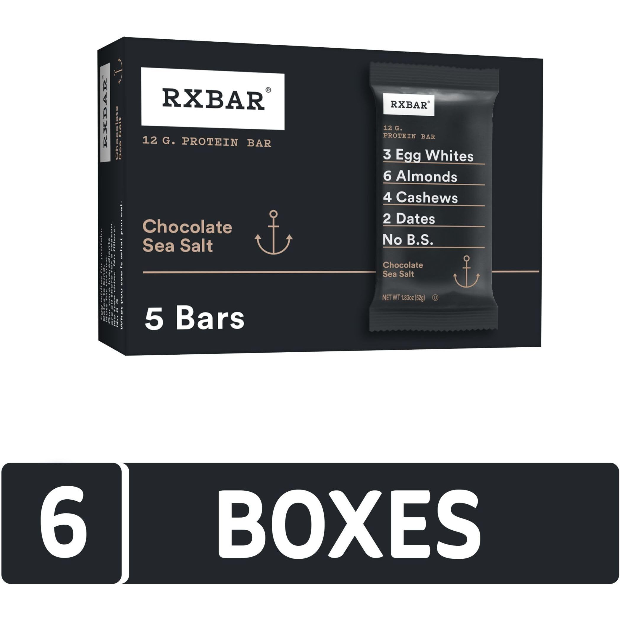 Rxbar Protein Bars, 12G Protein, Gluten Free Snacks, Chocolate Sea Salt (6 Boxes, 30 Bars)