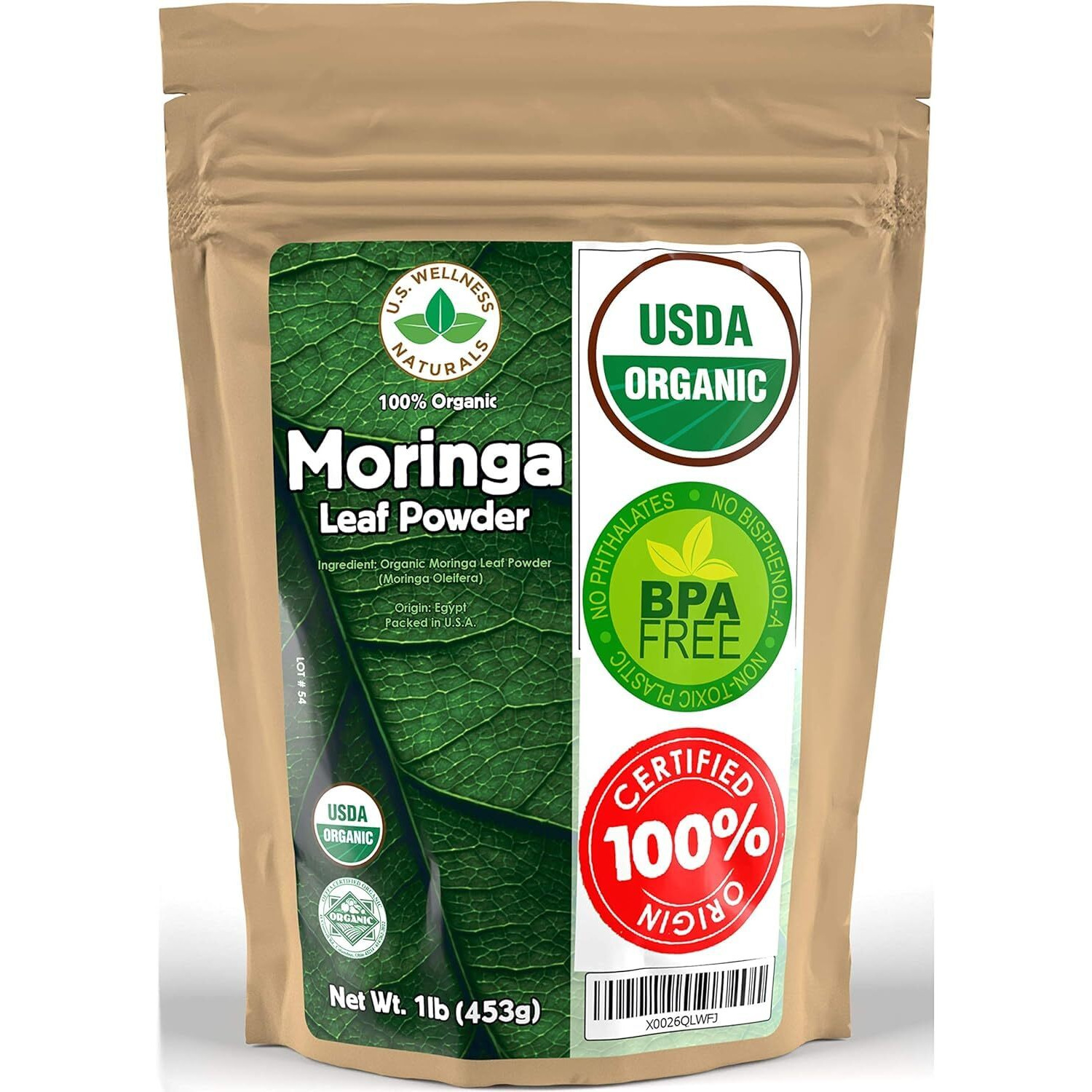 U.S. Wellness Naturals Moringa Powder 1Lb (16Oz) 100% Certified Organic| 100% Pure Moringa Leaf No Stems| - Raw From India | Smoothies | Drinks | Tea | Recipes - Resealable Bag