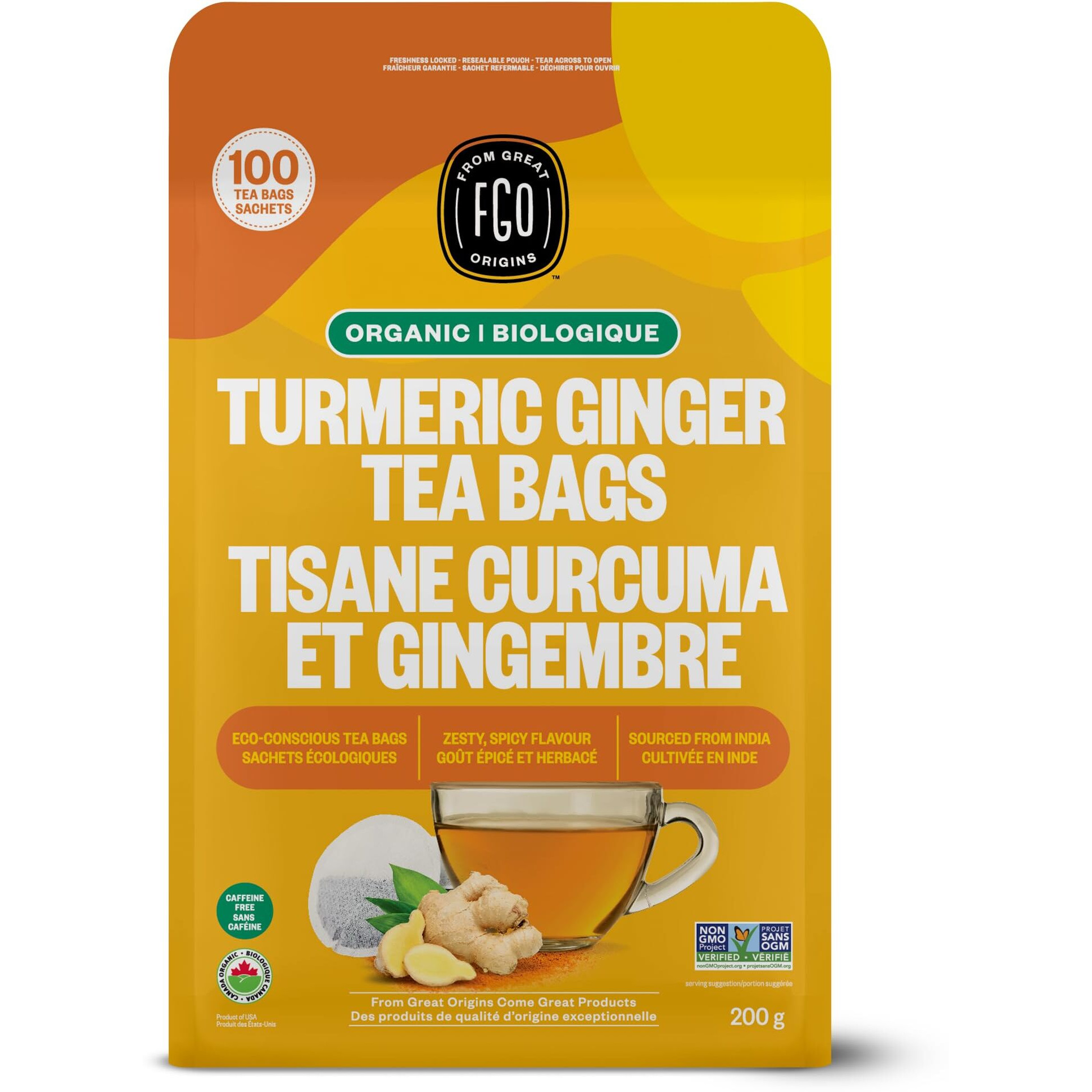Fgo Organic Turmeric Ginger Tea, Eco-Conscious Tea Bags, 100 Count, Packaging May Vary (Pack Of 1)