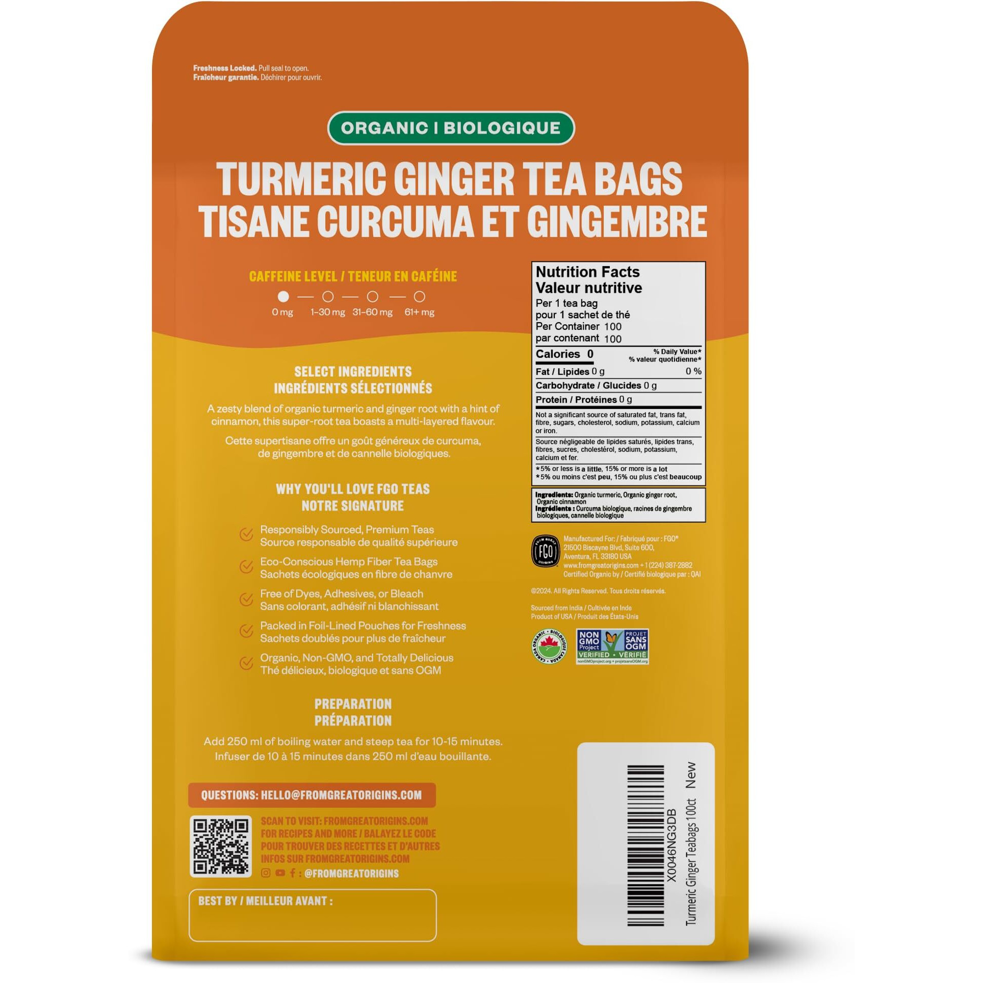 Fgo Organic Turmeric Ginger Tea, Eco-Conscious Tea Bags, 100 Count, Packaging May Vary (Pack Of 1)
