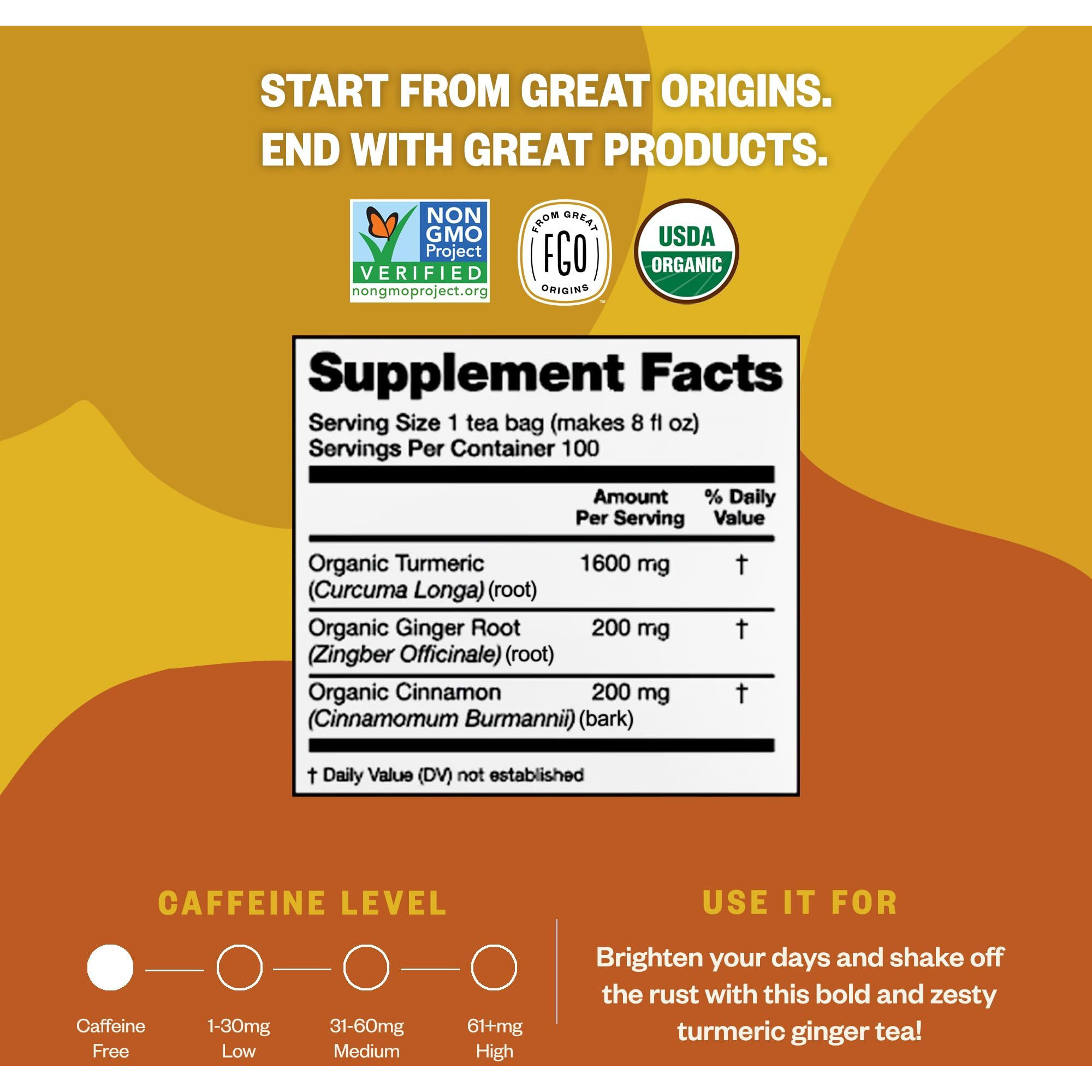 Fgo Organic Turmeric Ginger Tea, Eco-Conscious Tea Bags, 100 Count, Packaging May Vary (Pack Of 1)