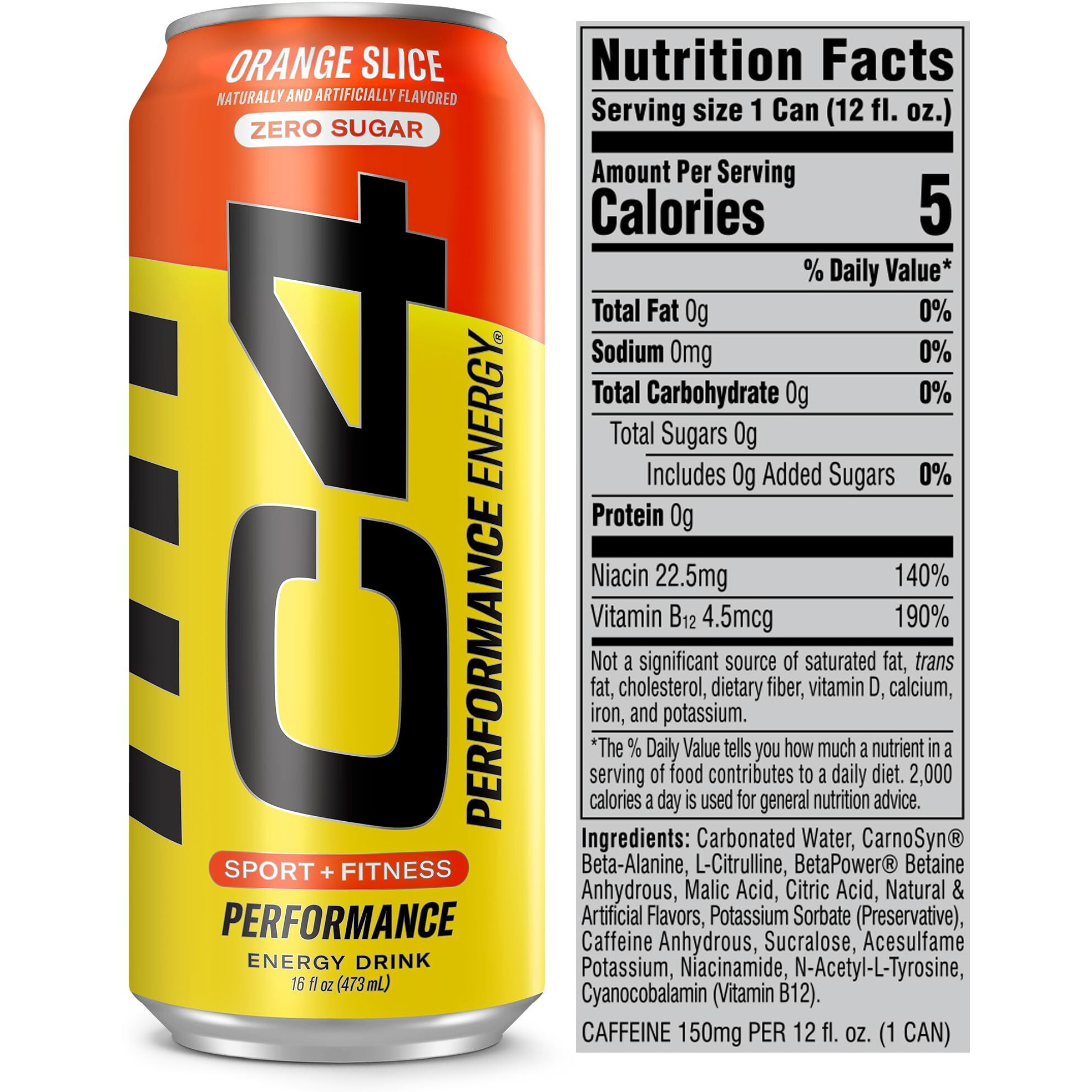 C4 Energy Carbonated Zero Sugar Energy Drink, Pre Workout Drink + Beta Alanine, Orange Slice, 16 Fl Oz (Pack Of 12)